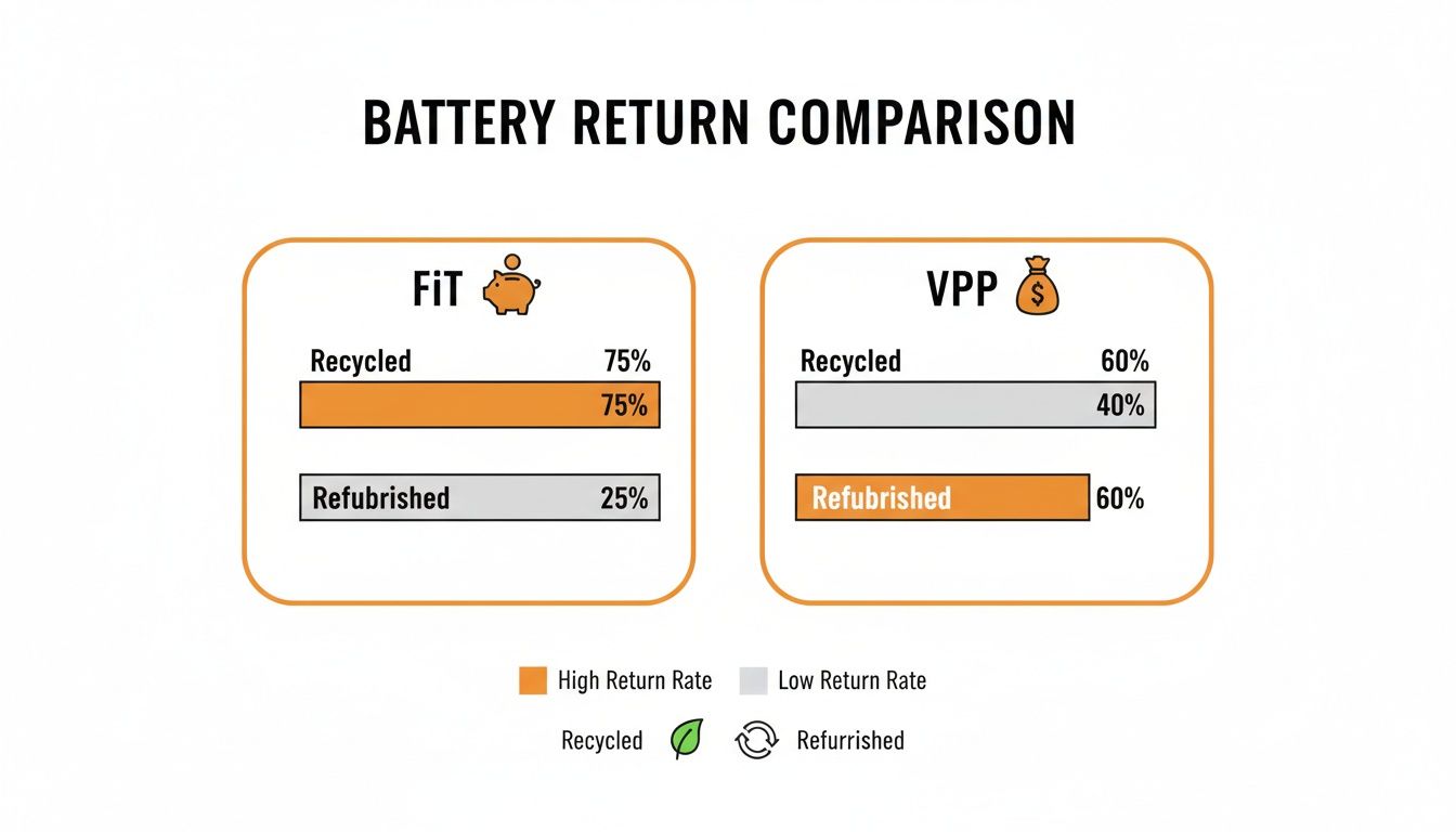 Comparison of battery return rates, showing FiT program with high recycling and VPP with high refurbishment.