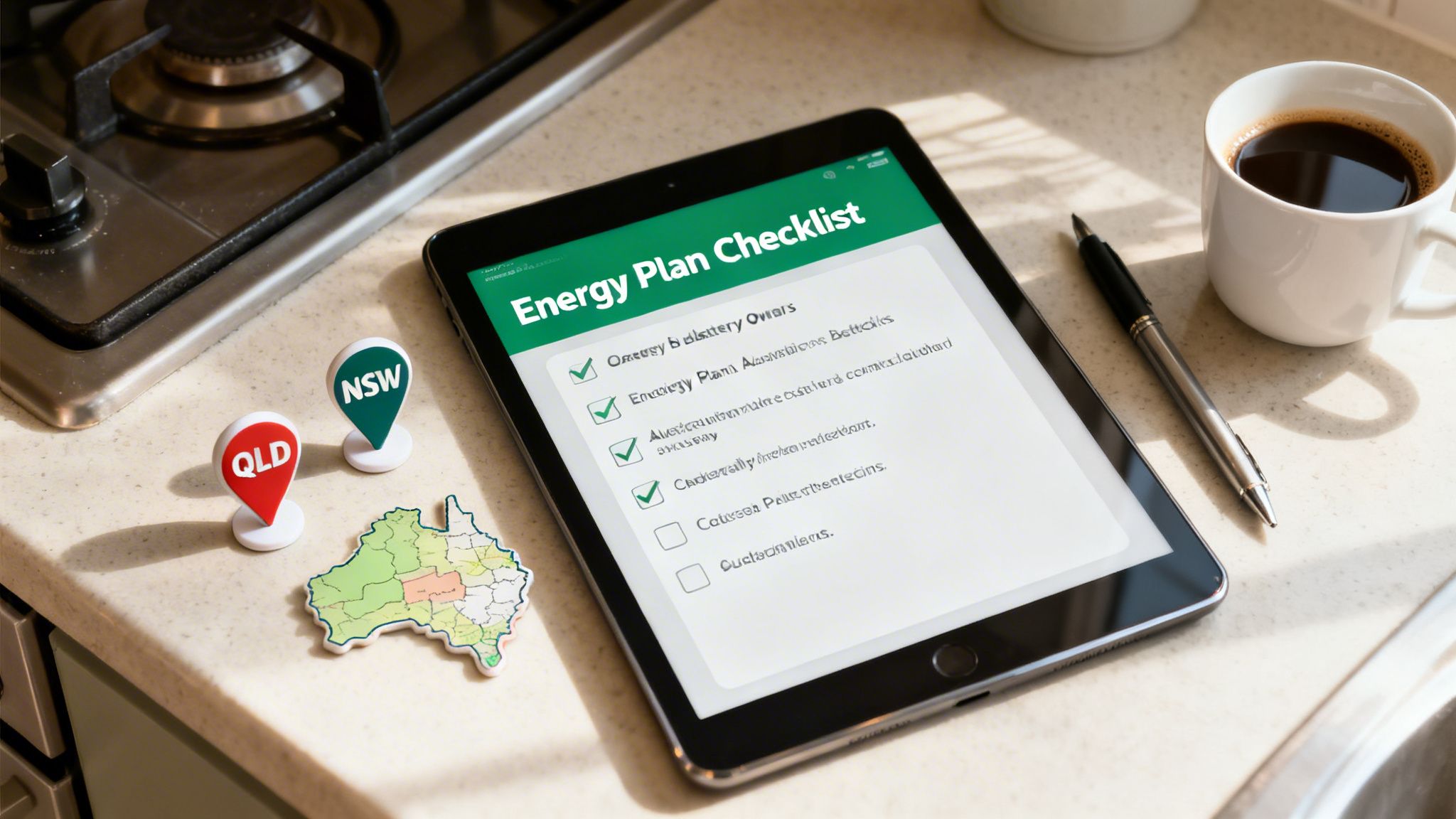 A tablet displays an 'Energy Plan Checklist' with QLD, NSW pins and an Australian map.