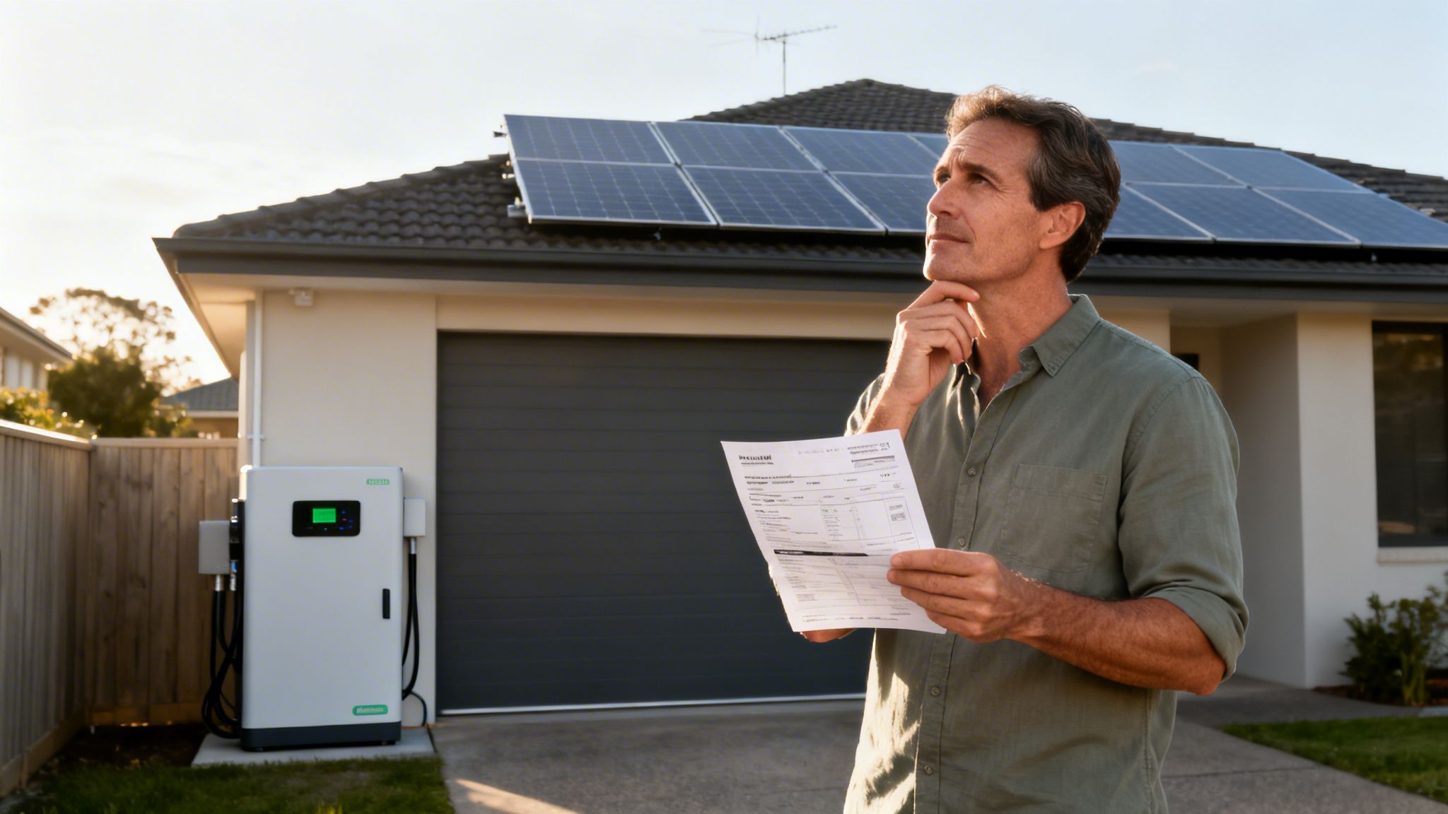 A thoughtful man holding a bill in front of a house with solar panels and an EV charger.