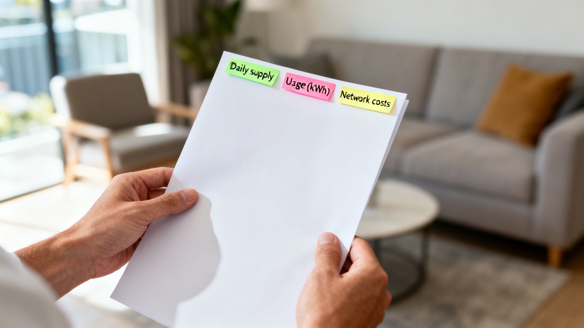 Person holding a document with sticky notes labeled 'Daily supply', 'Usage (kWh)', and 'Network costs' in a home setting.