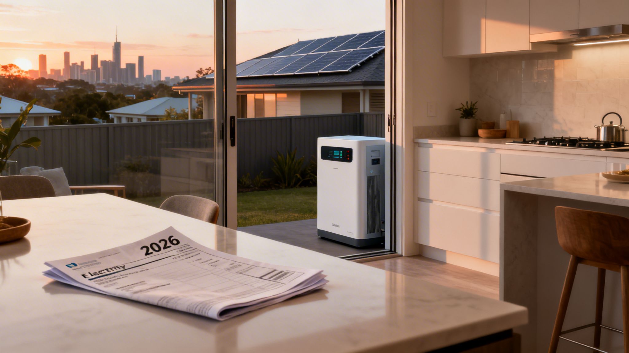 An electricity bill on a modern home's dining table, overlooking a city skyline and solar-powered house.