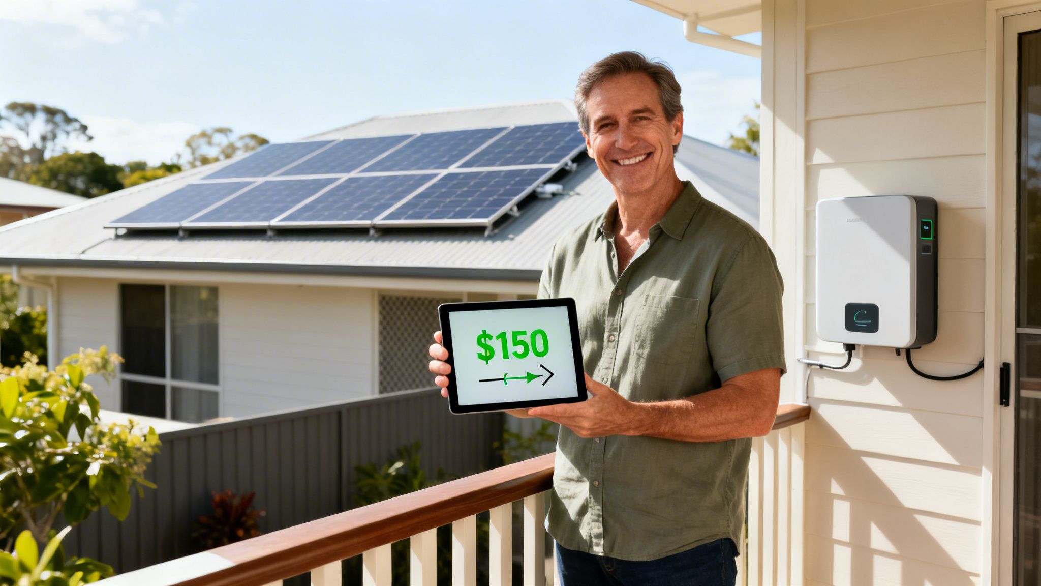 A smiling man holds a tablet showing $150 savings, with solar panels and inverter behind him.
