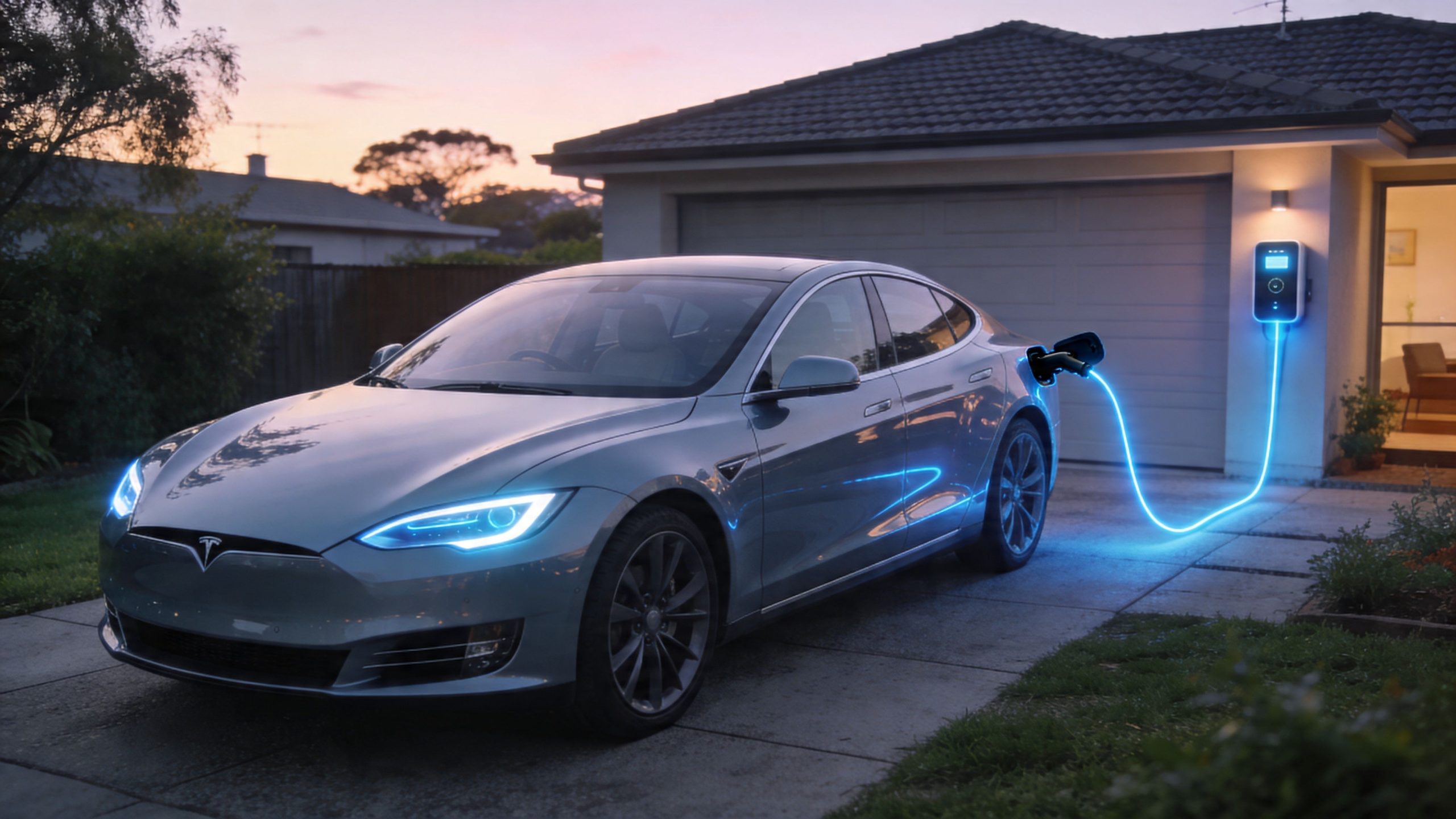 A silver electric vehicle charging at home in a driveway during a beautiful sunset in Australia.
