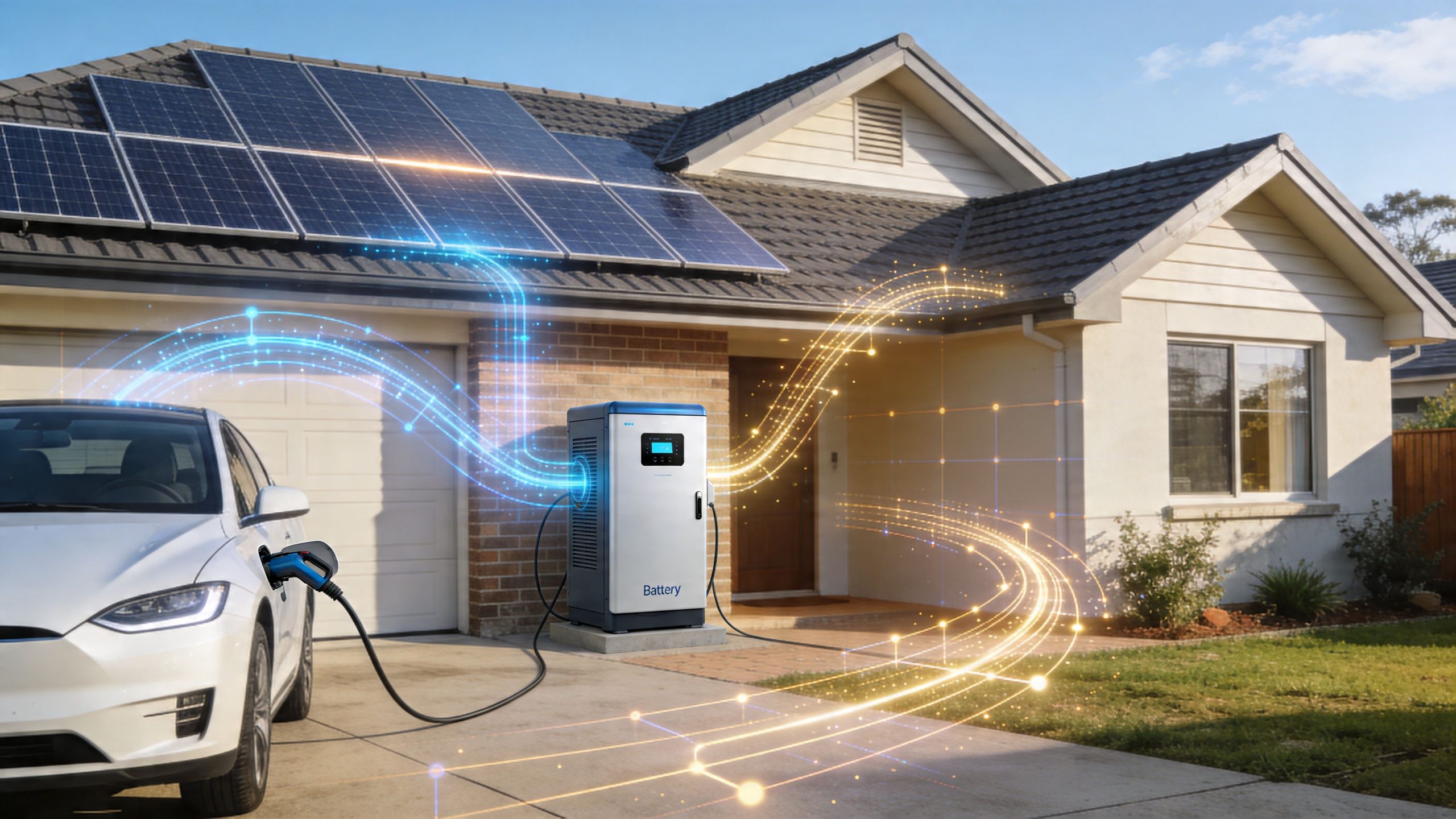 A modern home with rooftop solar panels charging an electric vehicle using a bi-directional battery storage system.
