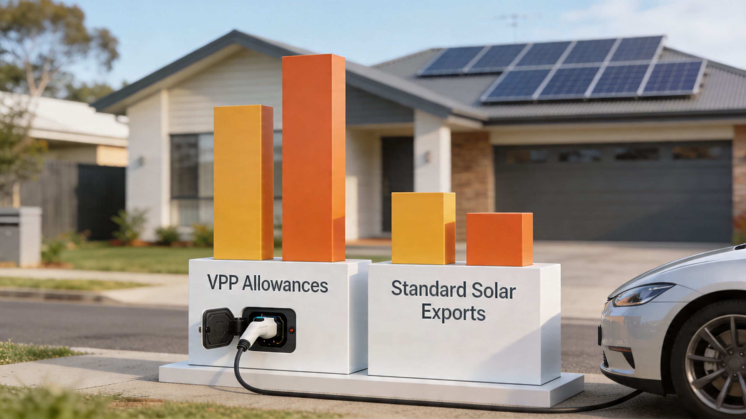 A 3D bar chart comparing VPP allowances and standard solar exports, illustrating electricity usage near a residential home.