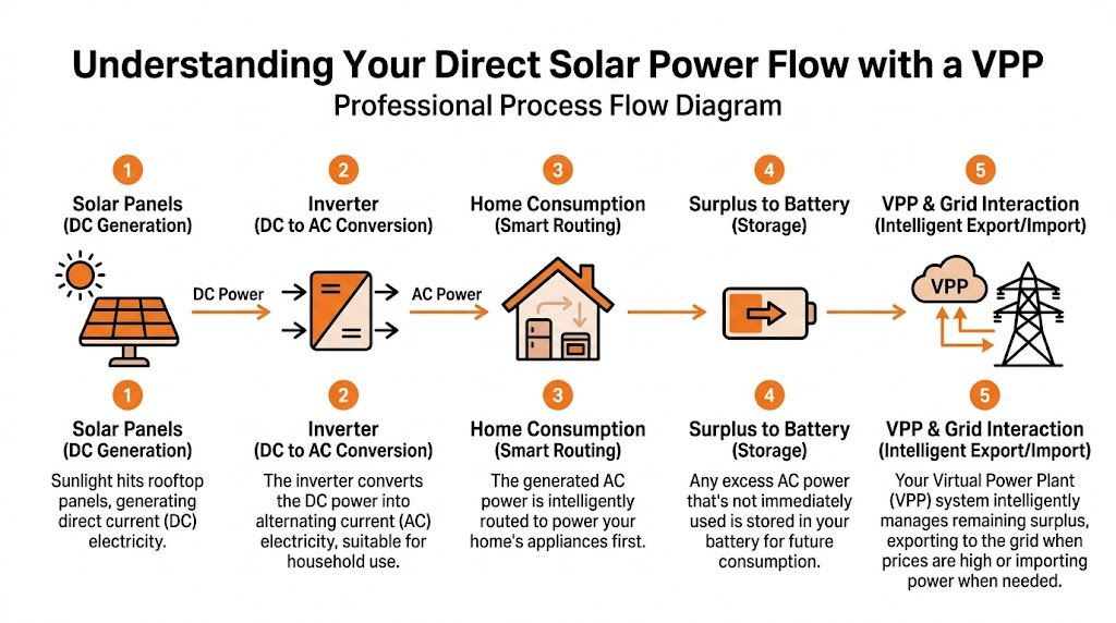 A process flow diagram showing how solar power flows from rooftop panels to home appliances and the grid.