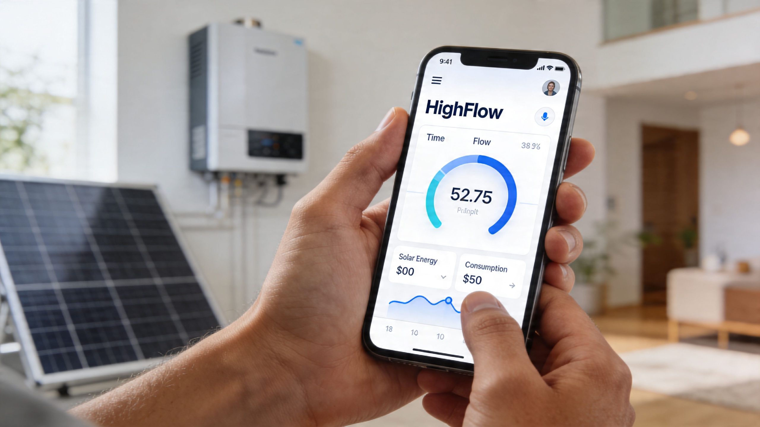A person using a smartphone app displaying home energy consumption and solar power statistics.