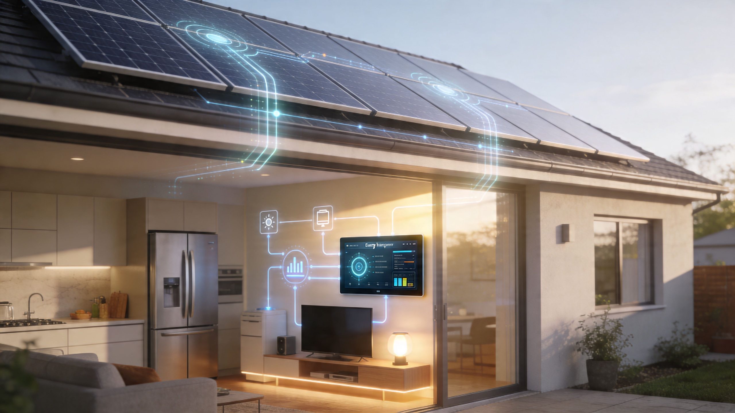 A house with solar panels on the roof connected to a smart home energy monitoring digital display.