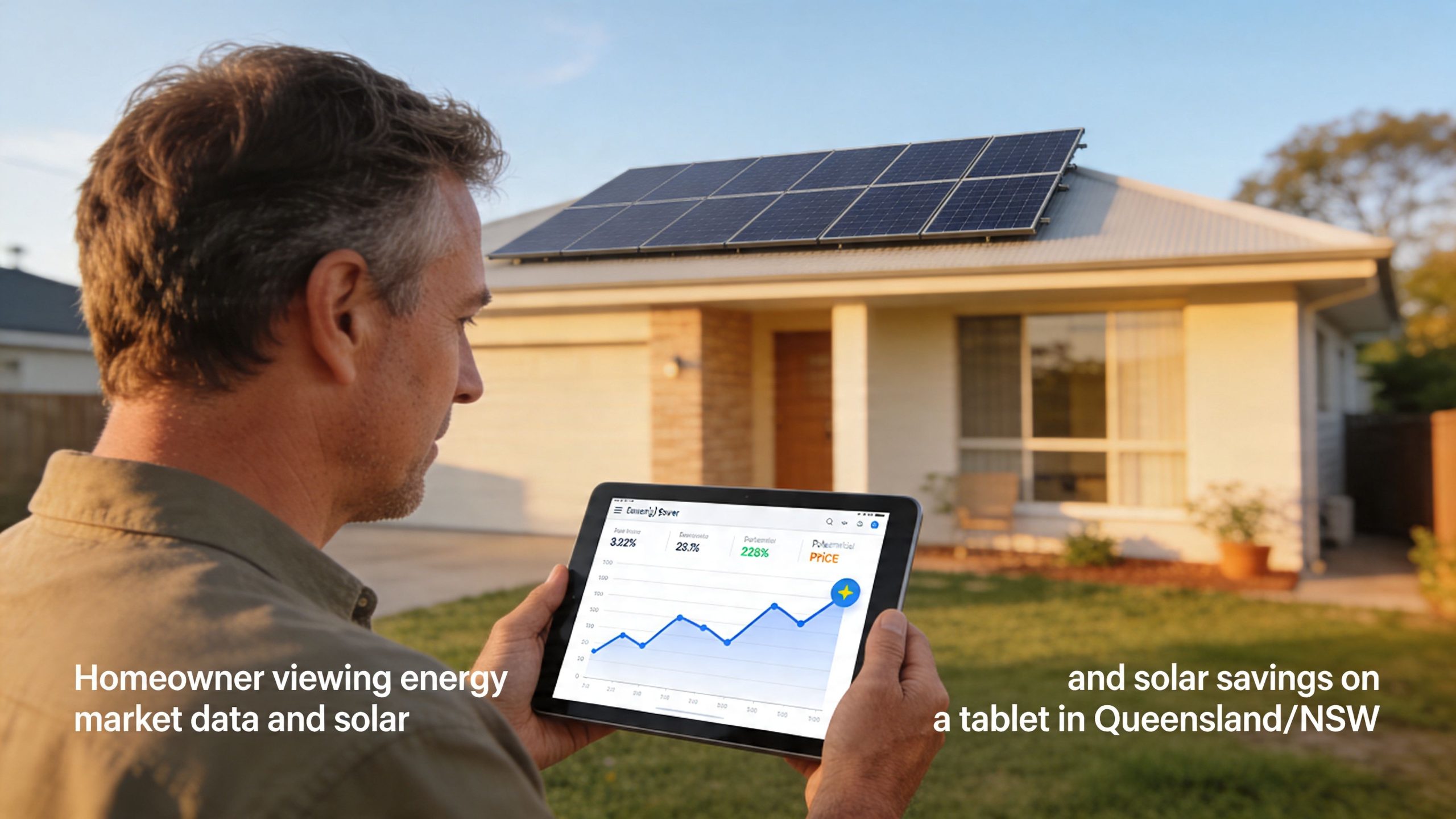 A man in a backyard holds a tablet displaying solar energy consumption charts with a rooftop solar array.