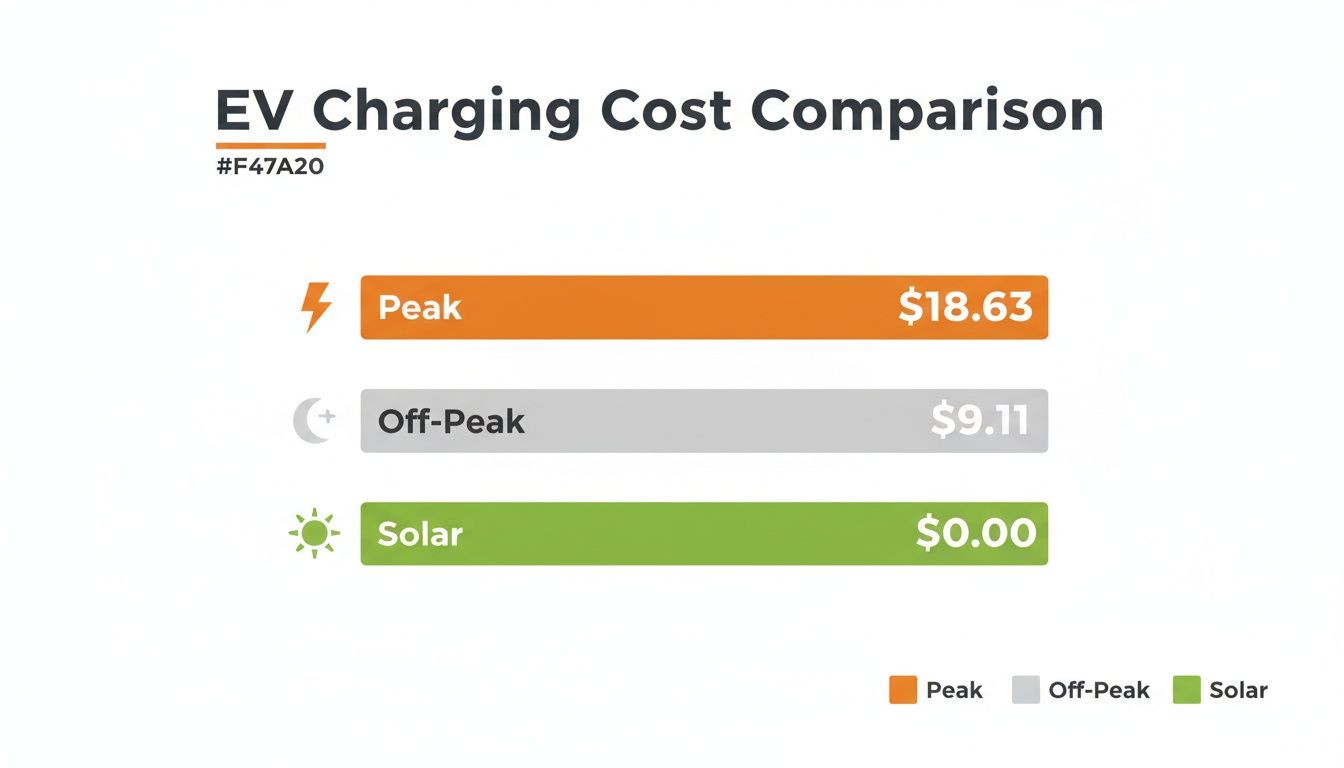 EV charging cost comparison chart showing peak, off-peak, and solar energy prices.