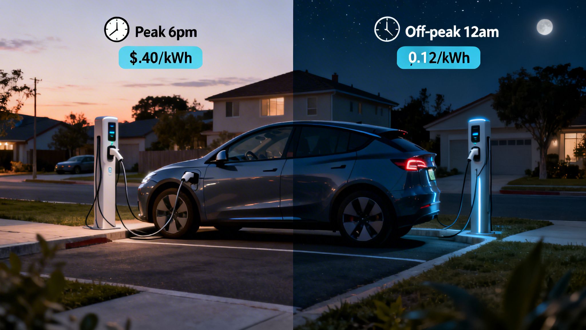 An electric car charges during peak 6 pm vs. off-peak 12 am, illustrating different electricity costs.