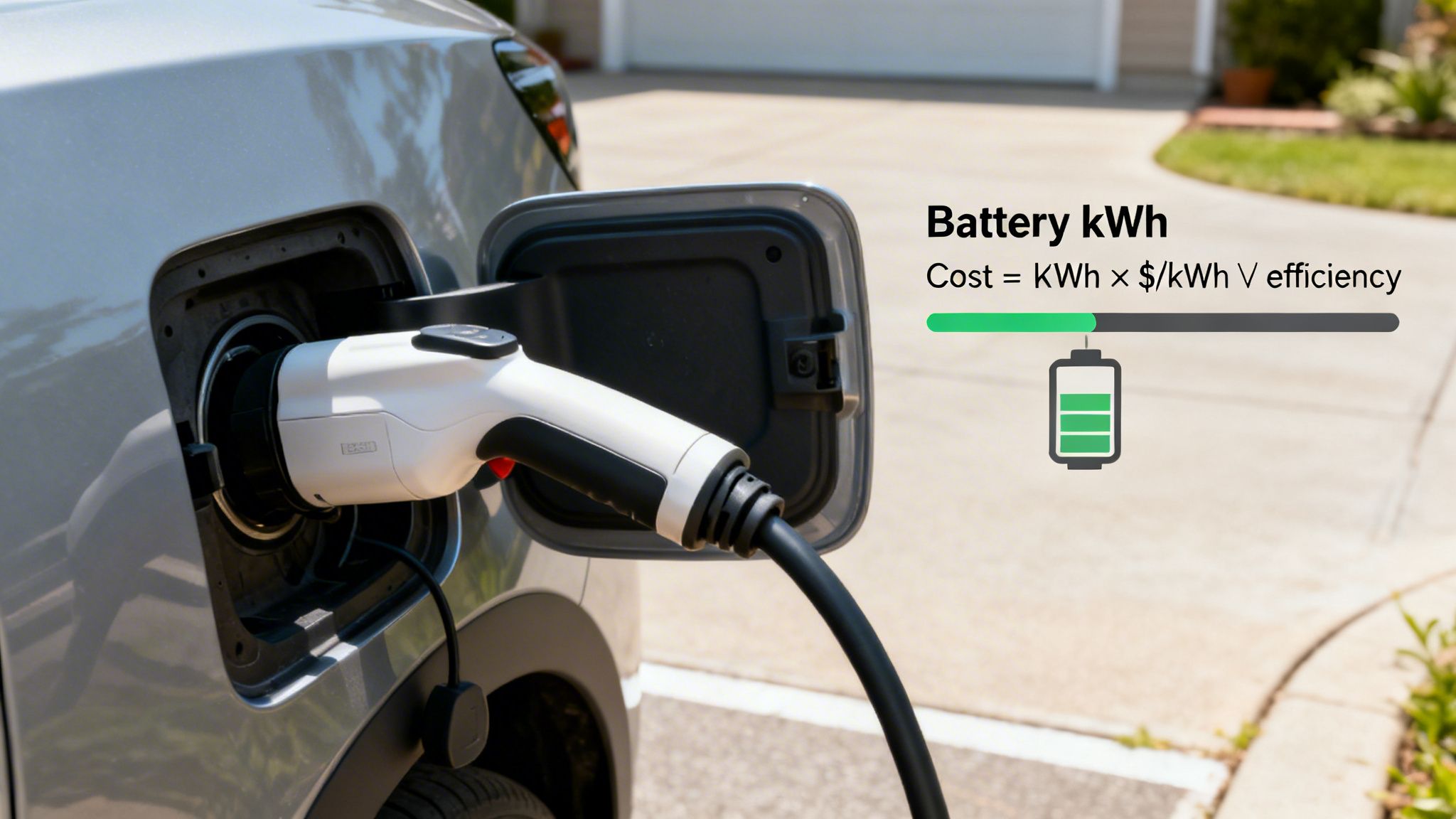 An electric car being charged, with text explaining battery kWh cost calculation and charge level.