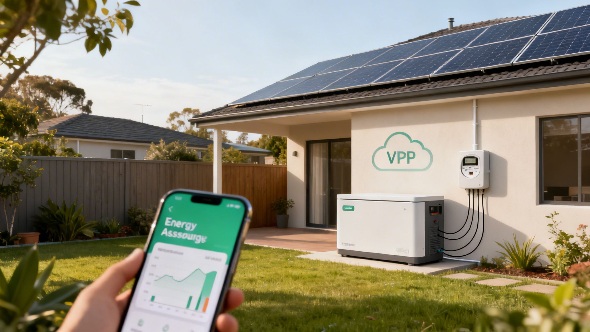 A person views energy usage on a smartphone app, with a solar-powered house, battery, and VPP system.