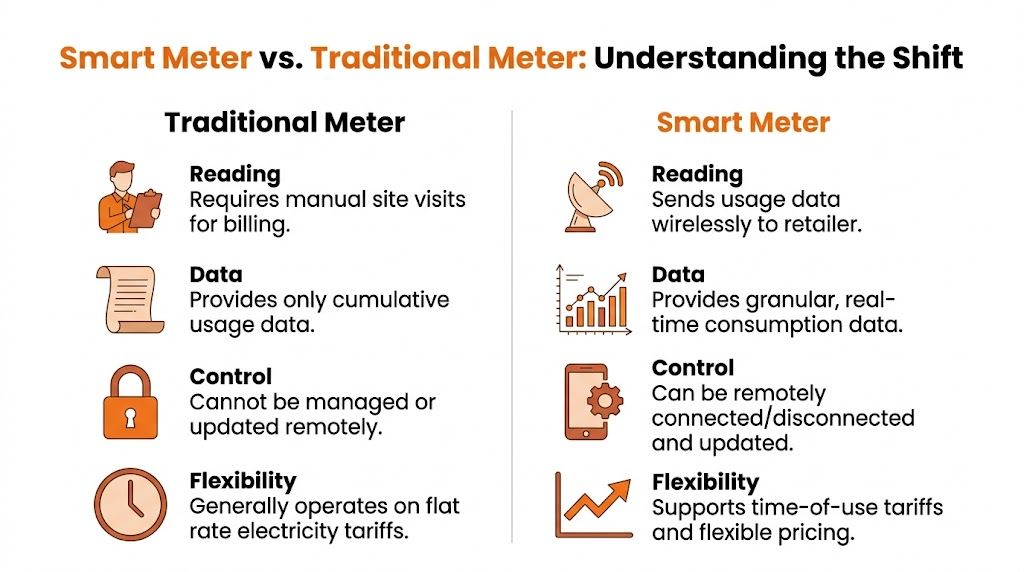 A comparison chart showing the differences between traditional utility meters and modern smart meters for energy management.