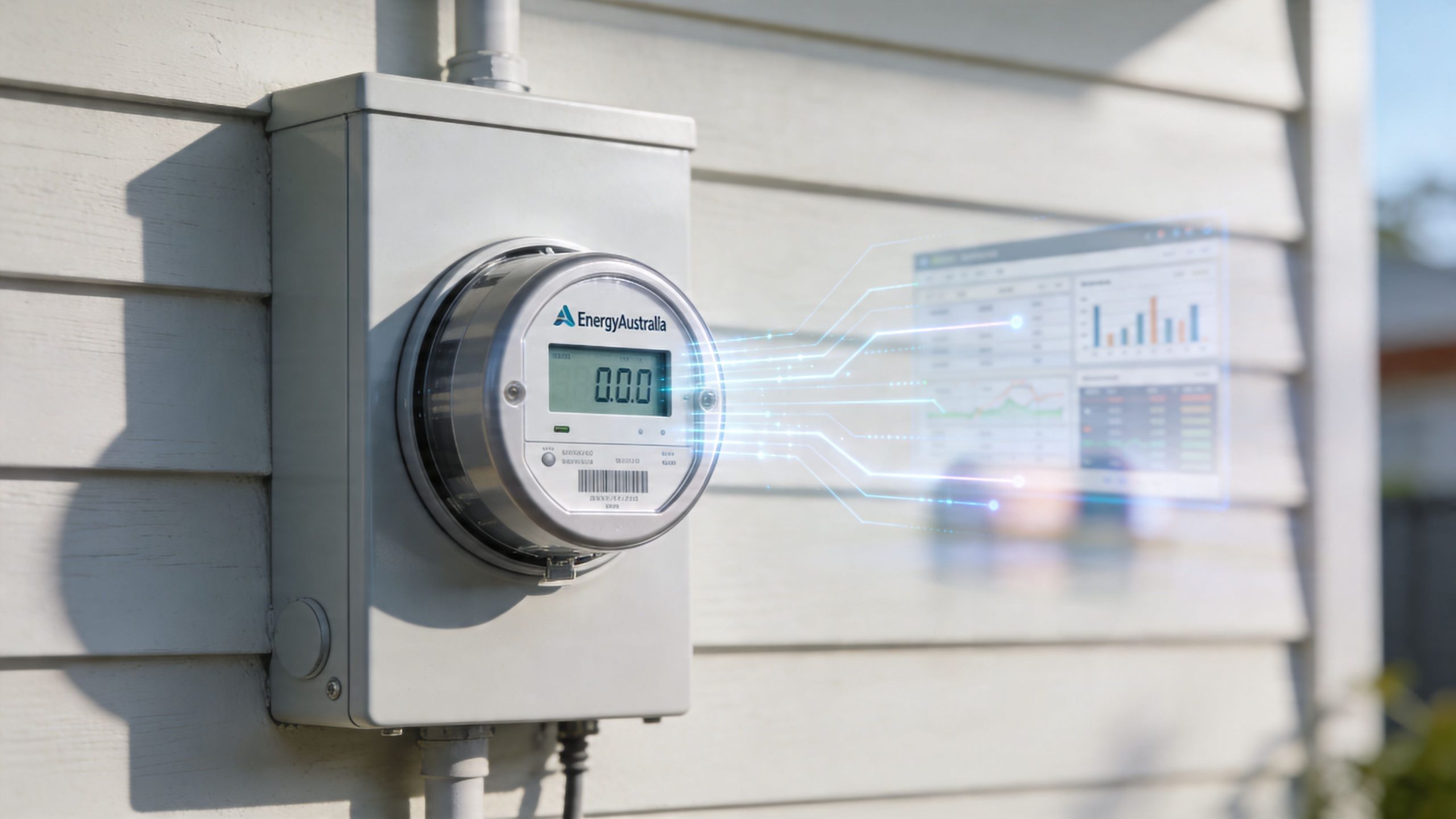 An EnergyAustralia smart meter mounted on a white house exterior wall with digital data visualization overlays.