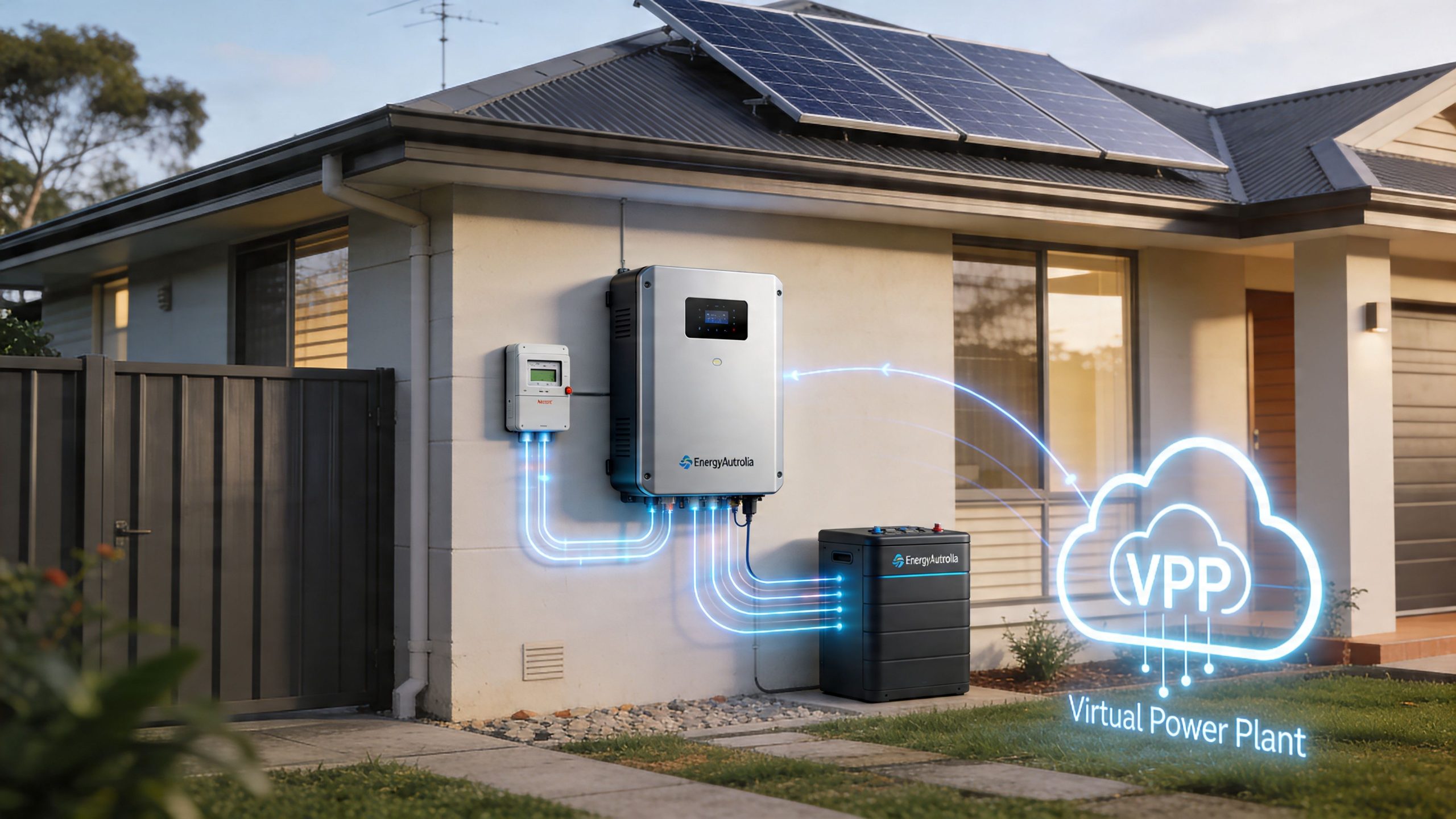 A modern suburban home featuring rooftop solar panels connected to an Energy Australia battery storage system.
