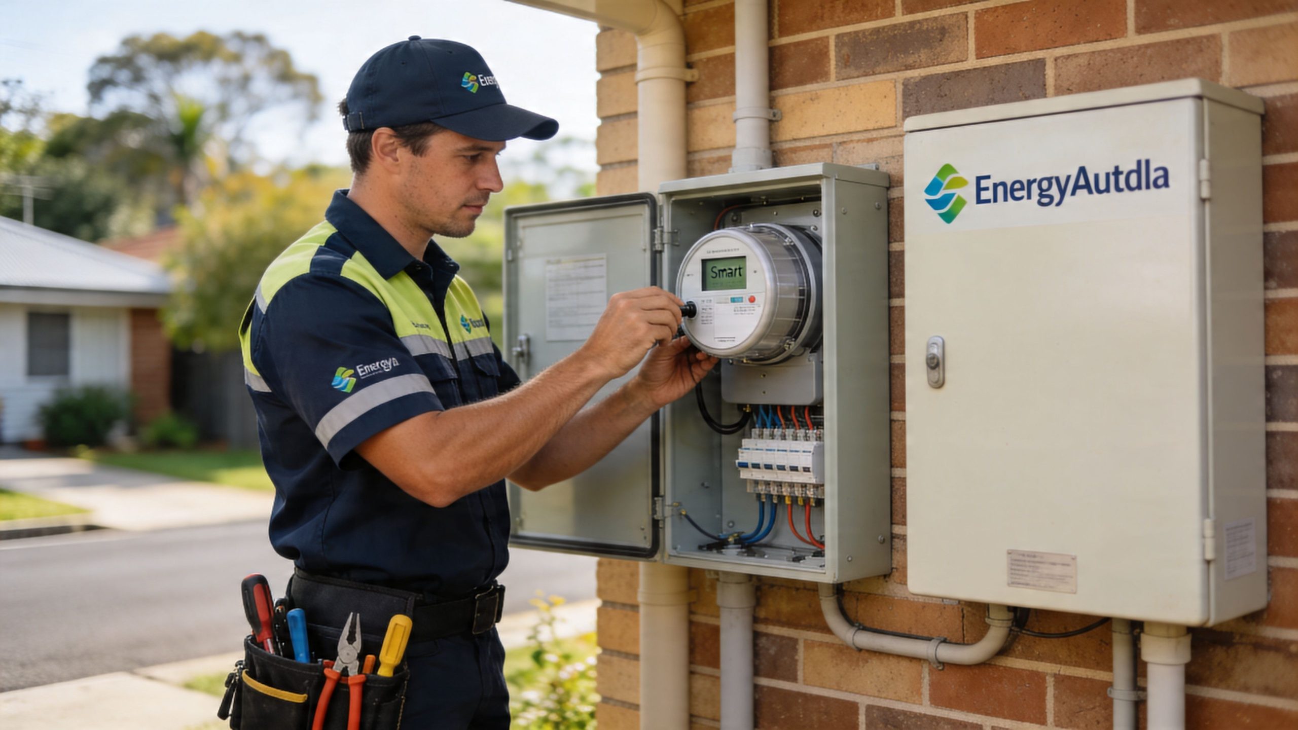 A professional technician wearing a uniform installs or inspects a modern smart electricity meter on a house wall.