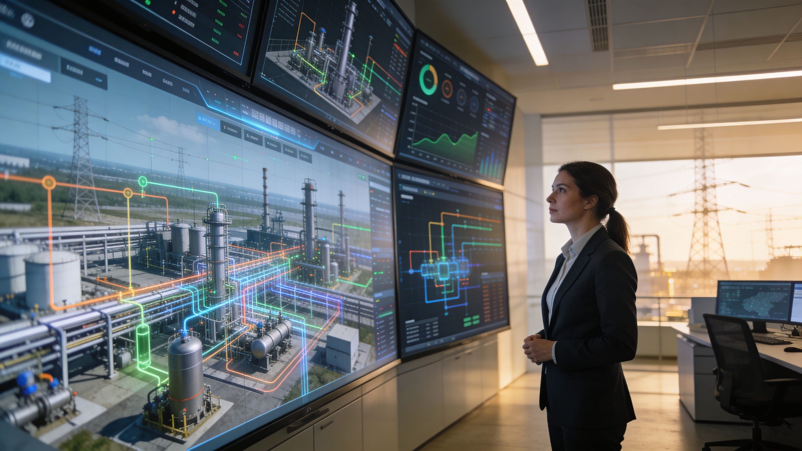 A professional woman in a suit monitors complex industrial facility data on large digital control room screens.