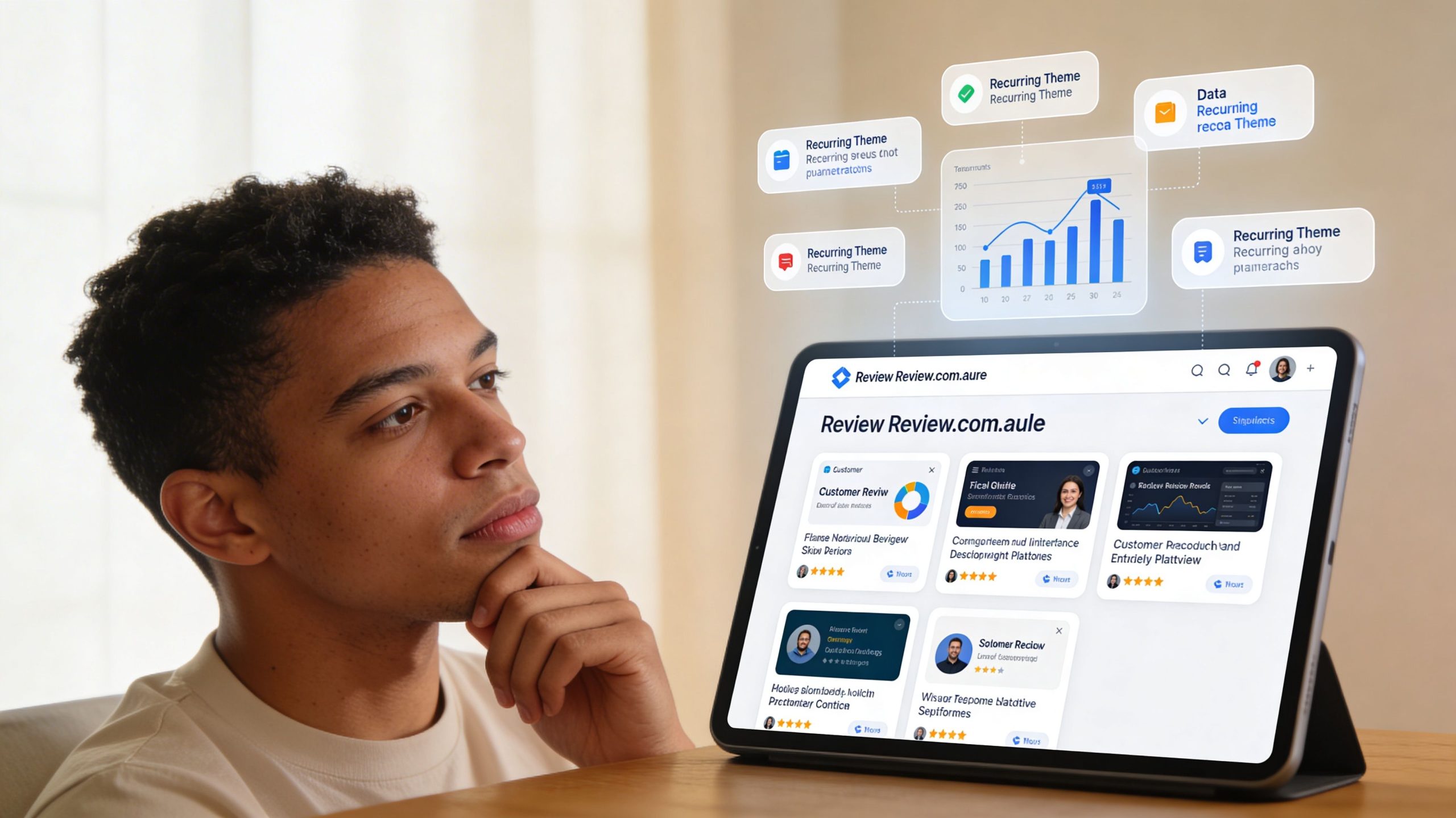 A young man looking thoughtfully at a tablet displaying analytical data, review charts, and customer insights software.