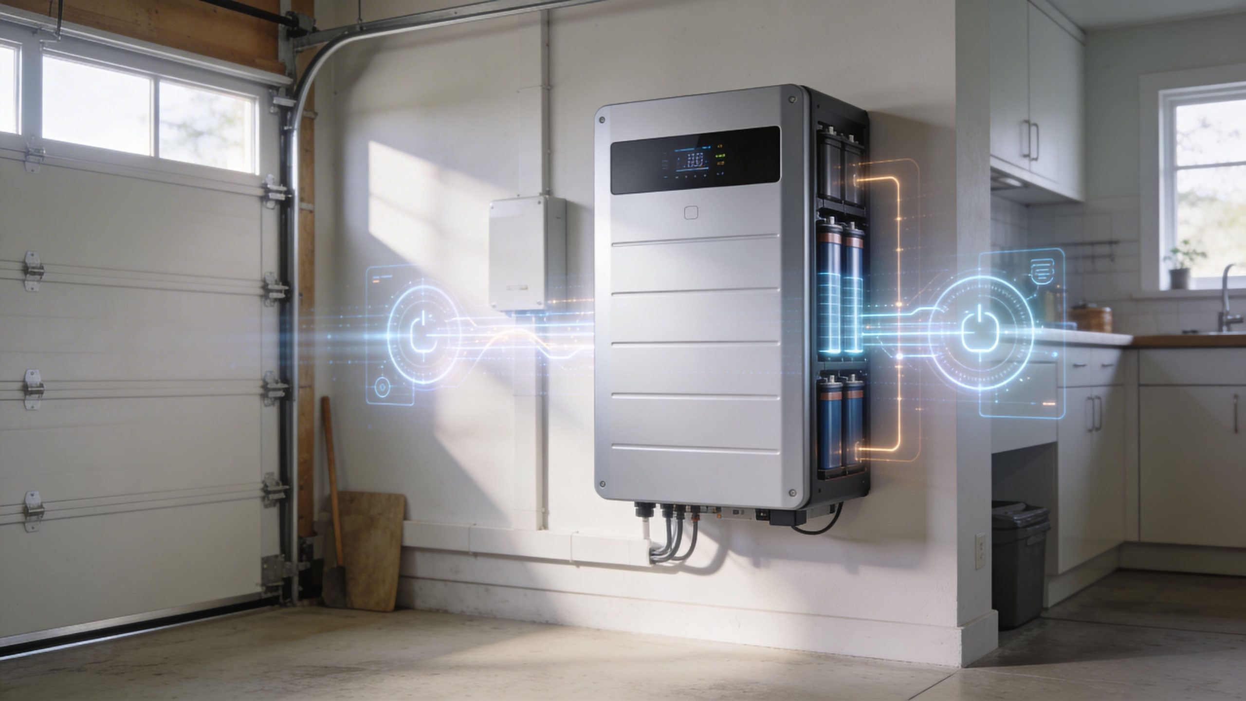 A modern home battery energy storage system mounted on a garage wall with digital power visualization graphics.