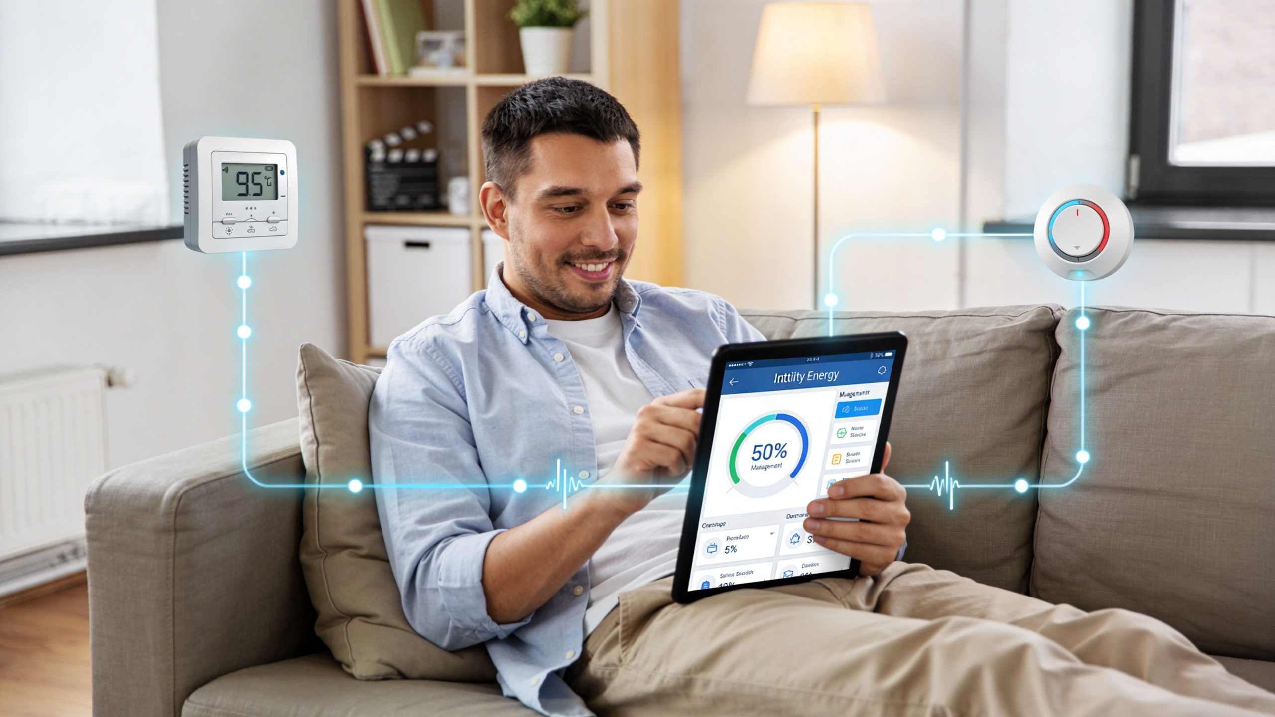 A man sitting on a sofa using a tablet to control smart home energy management systems.