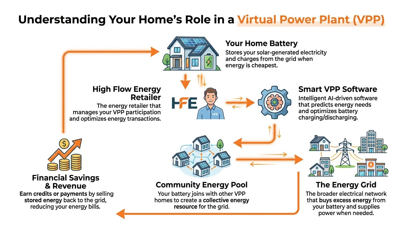 A diagram illustrating how home solar batteries participate in a Virtual Power Plant to save electricity costs.