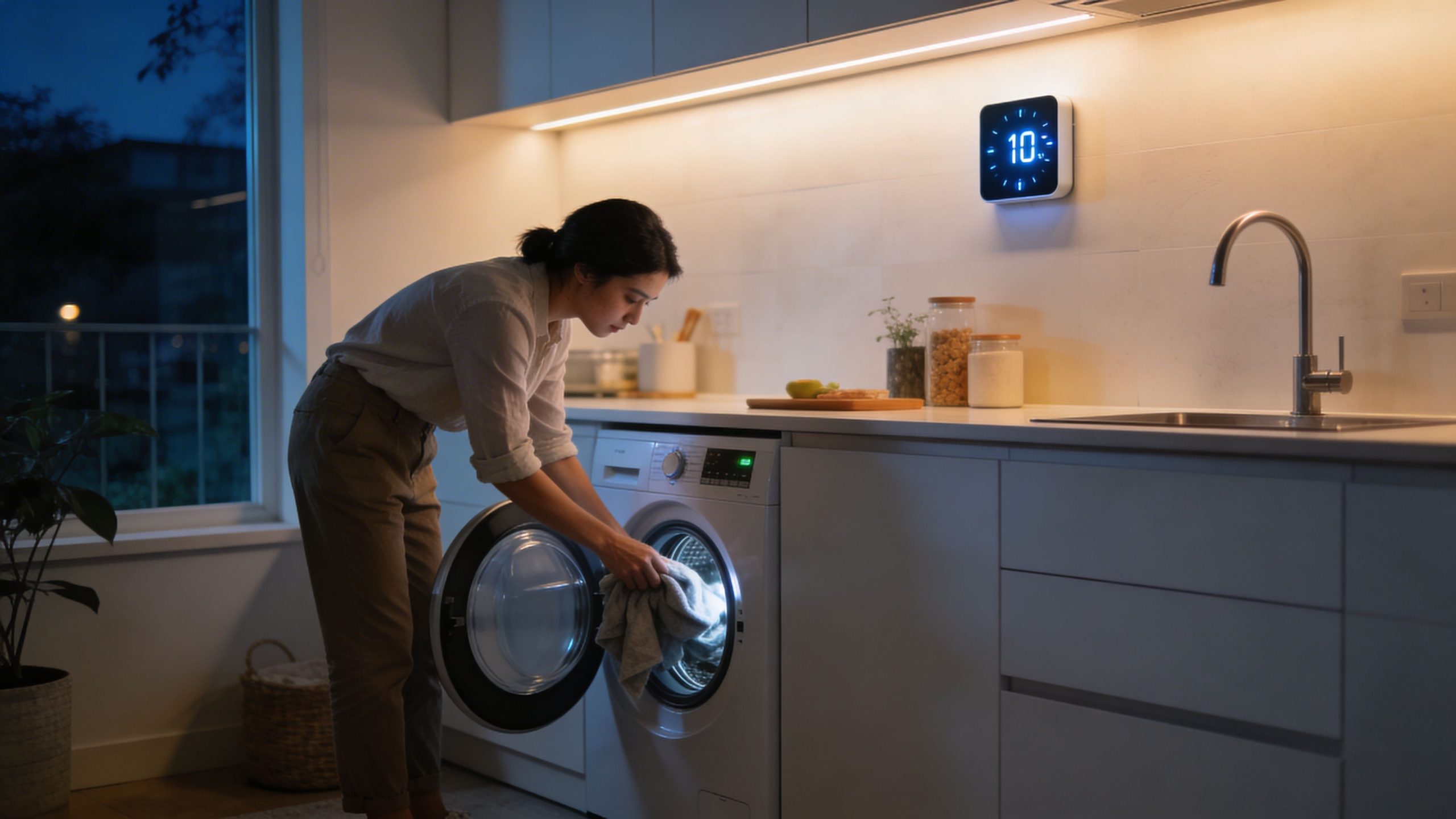 A woman putting laundry into a front-loading washing machine in a modern, well-lit kitchen at home.