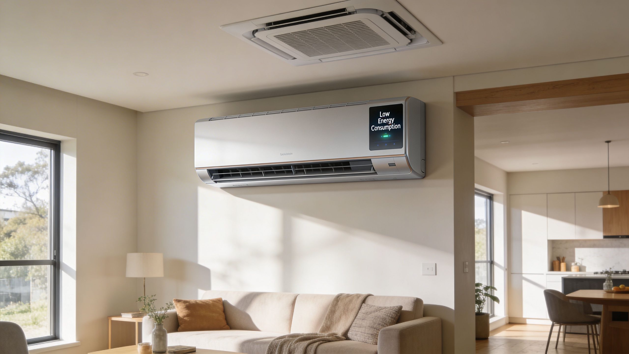 A modern wall-mounted air conditioner in a bright, stylish living room displaying low energy consumption status.