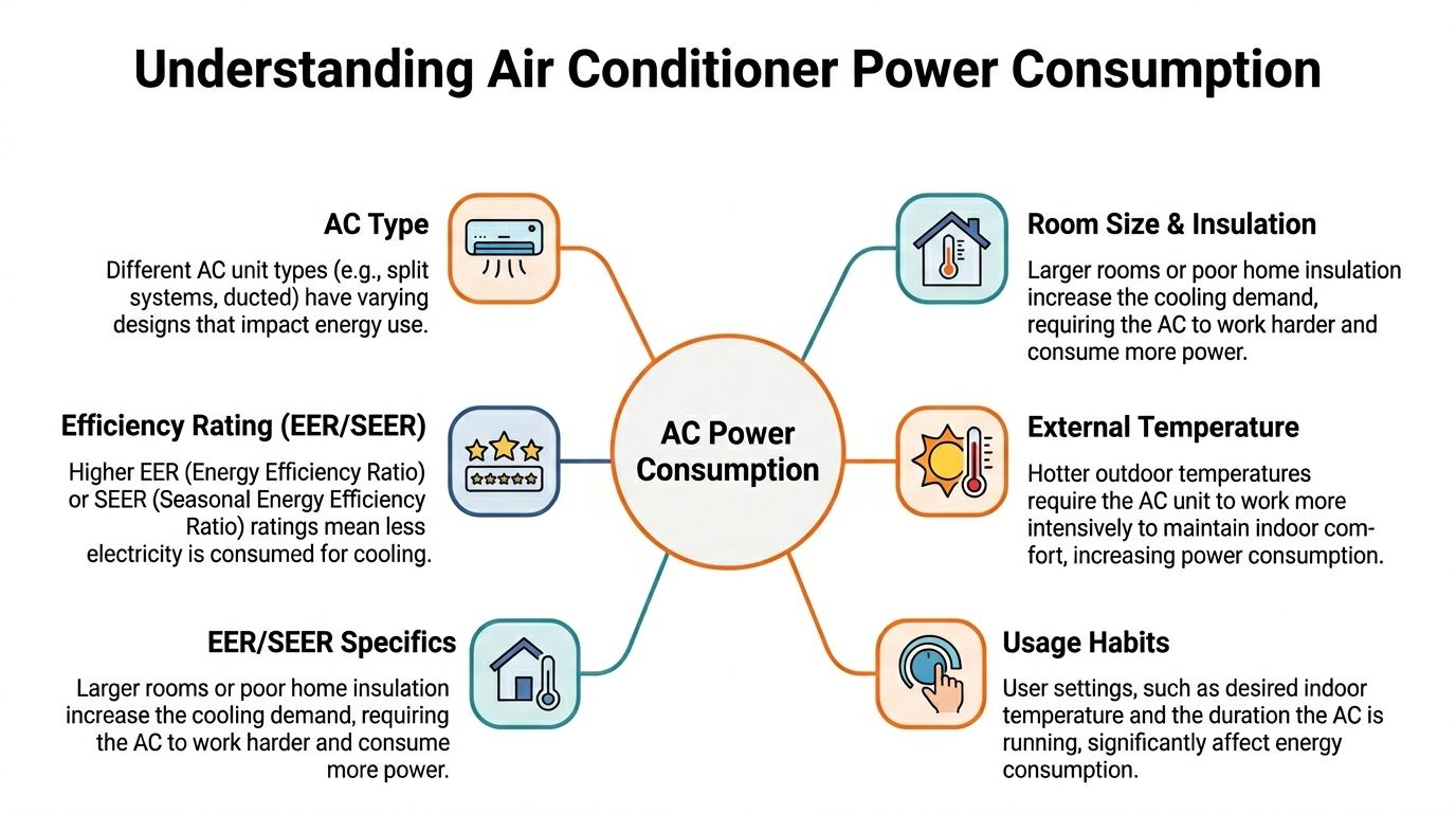 A diagram explaining factors that affect air conditioner power consumption, including unit type, room size, and temperature settings.