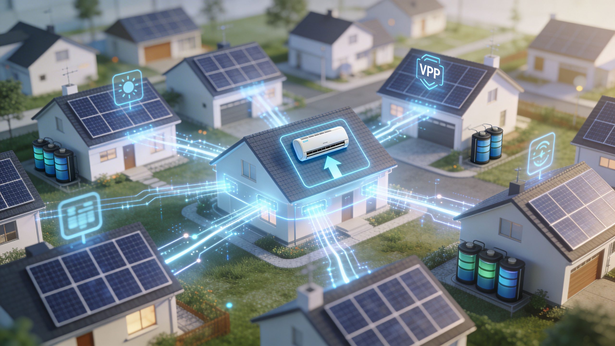 A digital illustration of houses with solar panels and batteries connected to a central smart air conditioning system.