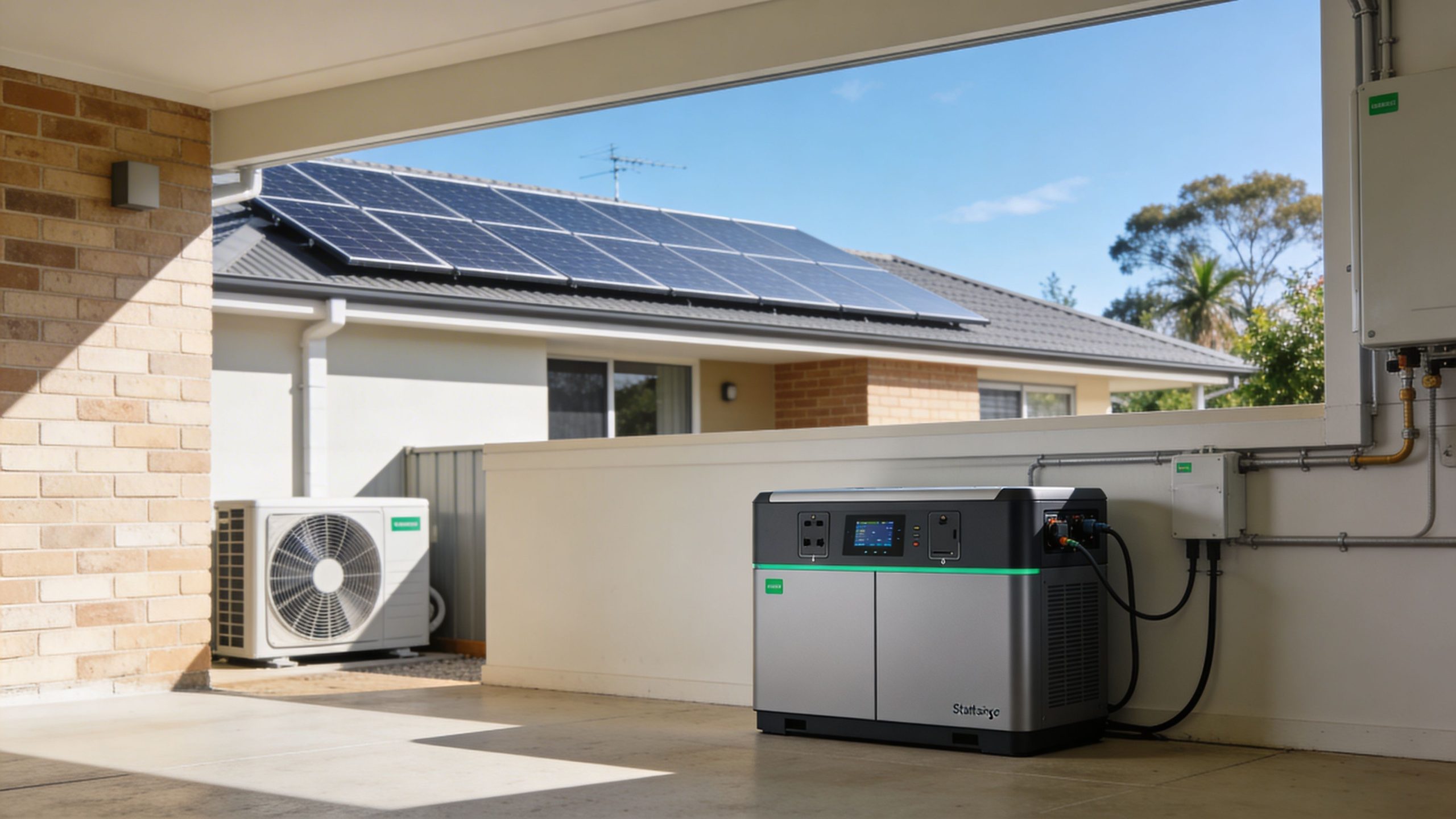 A modern solar power generator and air conditioning unit installed on a home patio with solar panels.