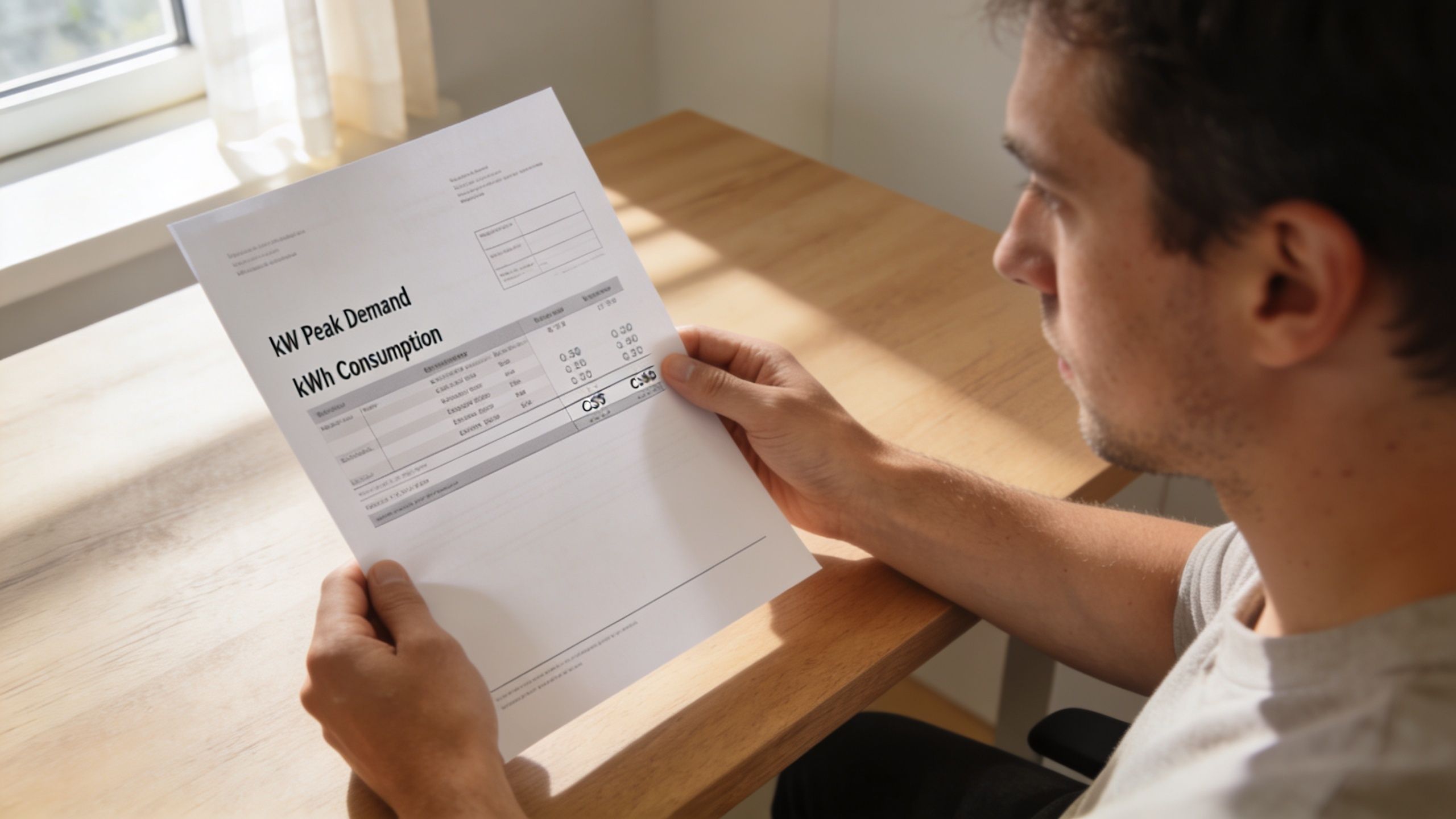 A man sitting at a desk reviewing a document titled with kW Peak Demand and kWh Consumption headers.
