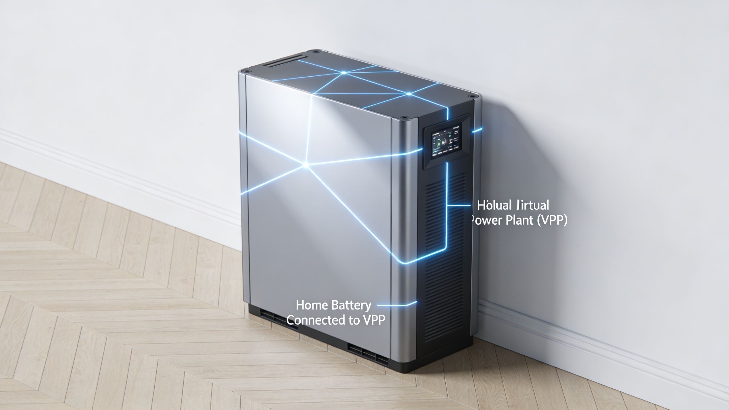 A sleek silver home battery system connected to a virtual power plant displayed against a white wall.