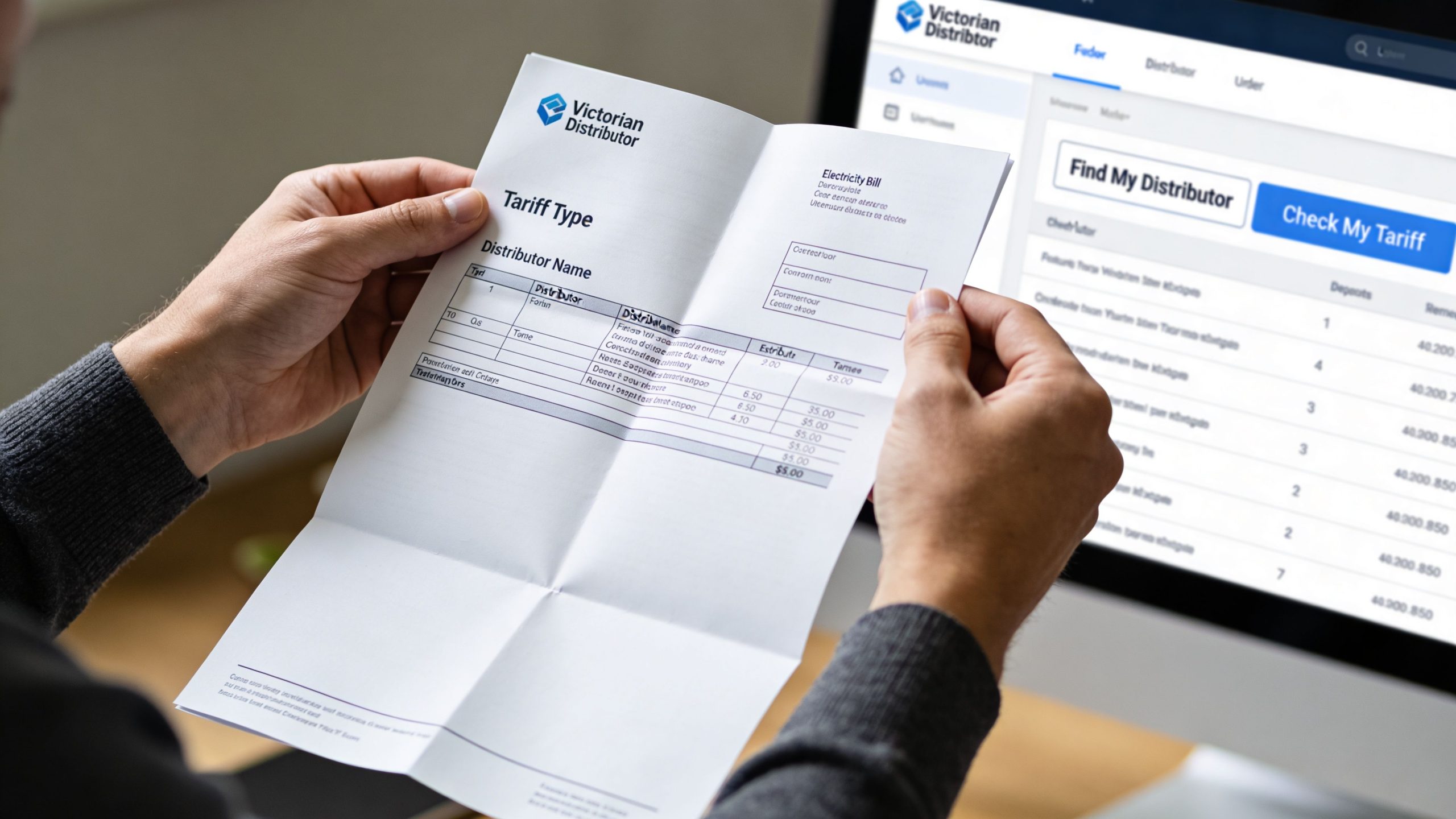 A person holding a printed electricity bill near a computer monitor displaying utility distributor information.