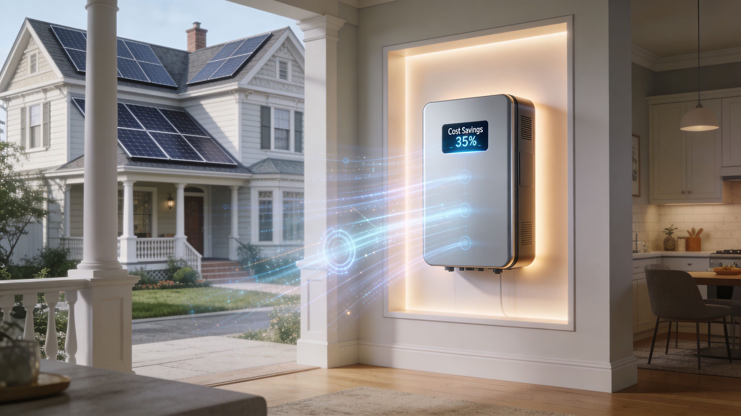 A modern home energy management system showing cost savings displayed on a wall-mounted digital unit.
