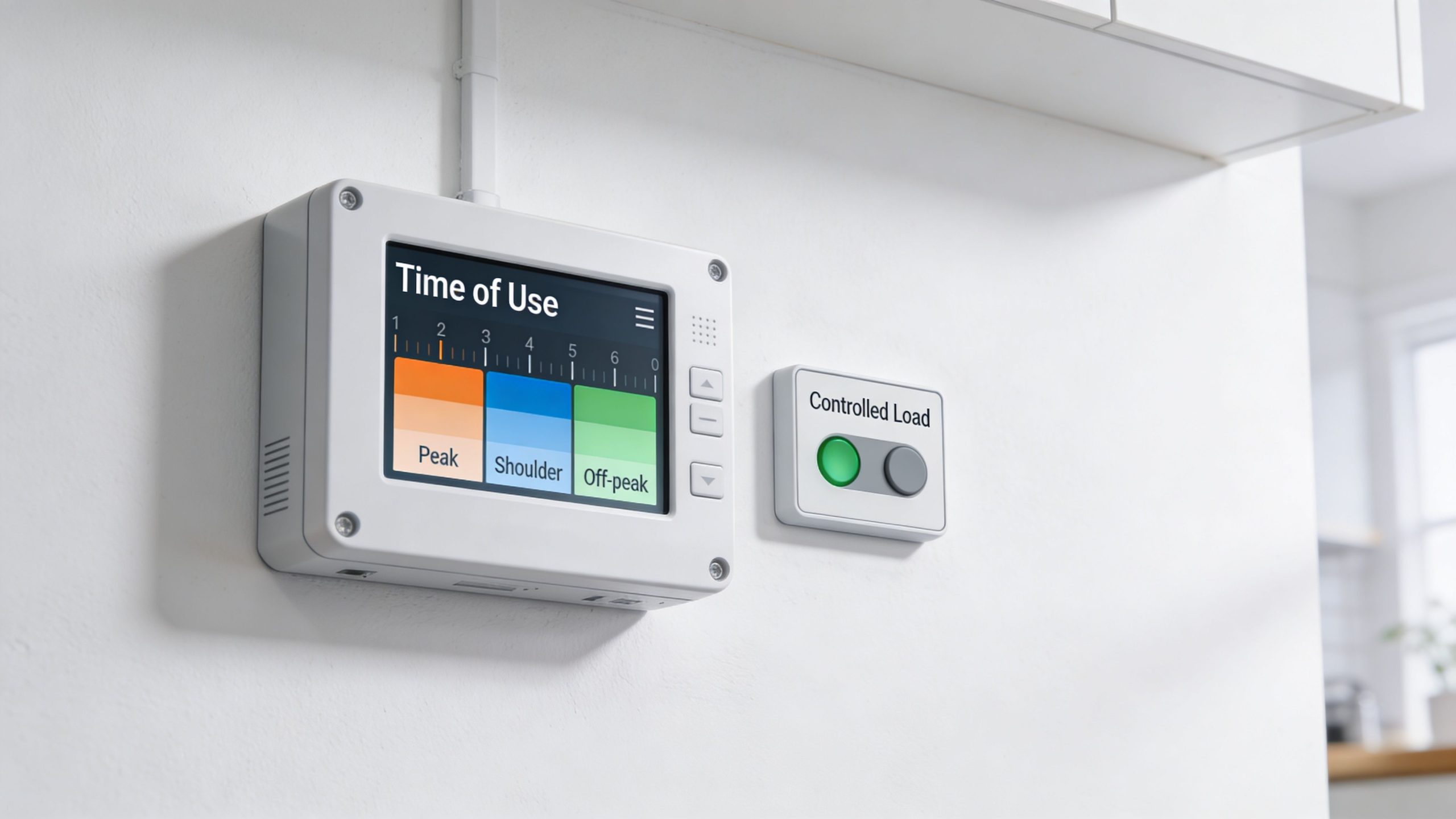 A wall-mounted smart energy monitor displaying time of use electricity pricing for peak, shoulder, and off-peak periods.