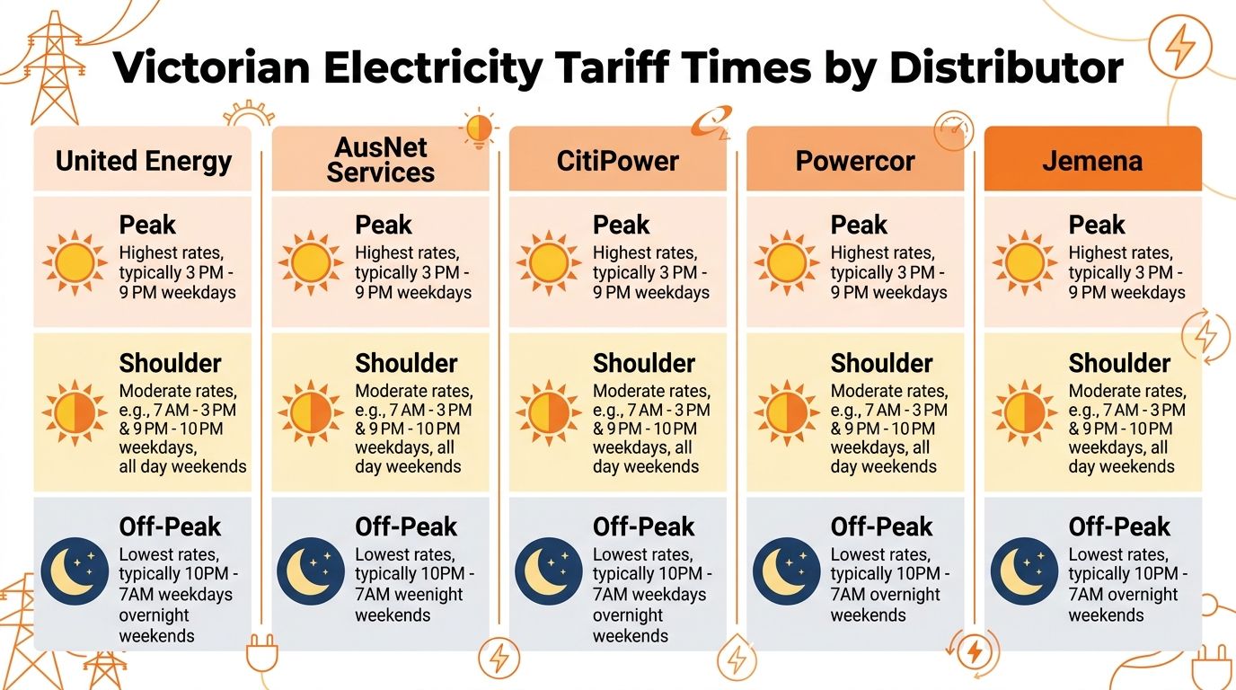 A chart detailing the different electricity tariff times, including peak, shoulder, and off-peak periods across Victorian distributors.