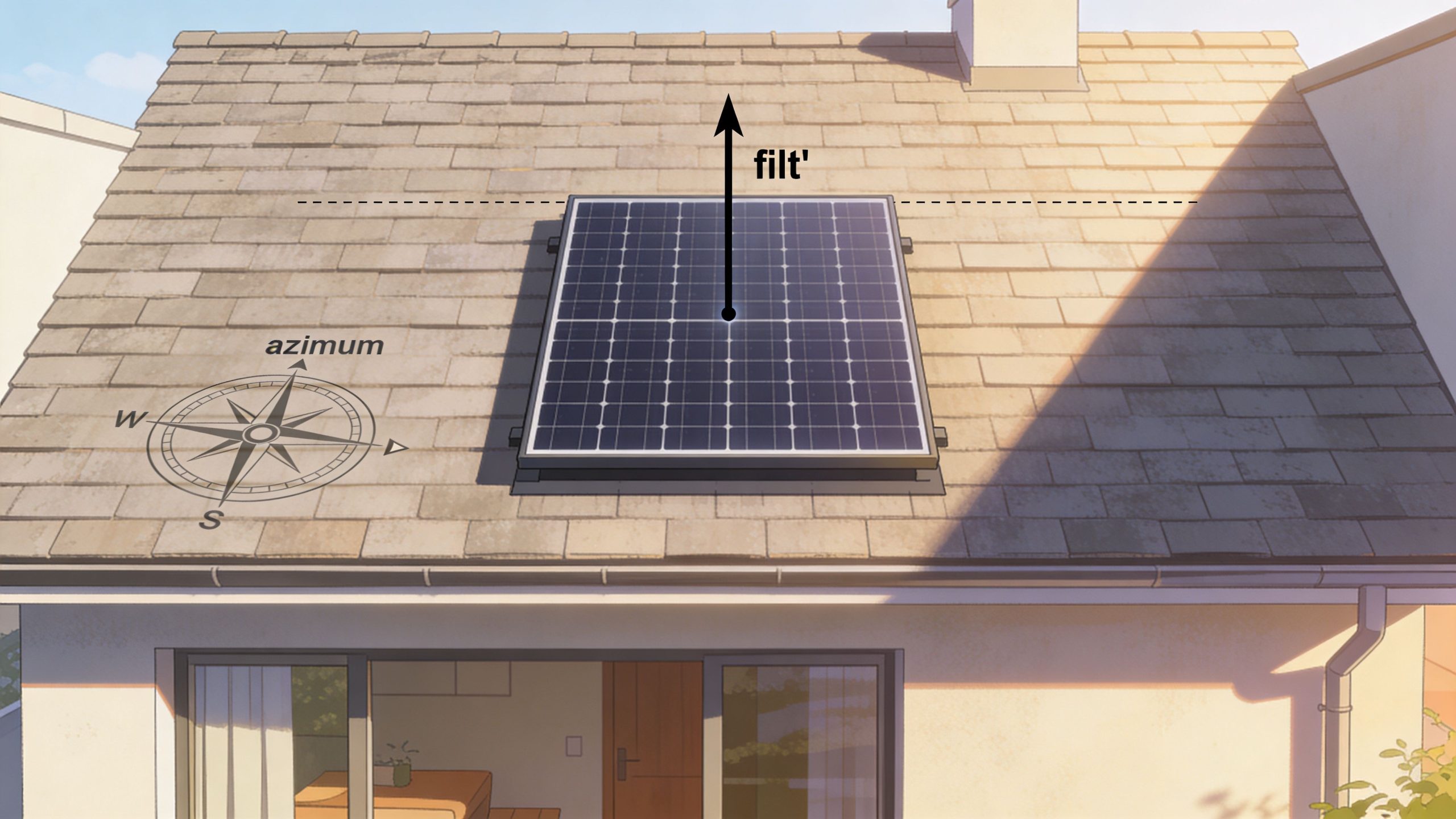 A digital illustration showing a solar panel installed on a tiled house roof with directional indicators.