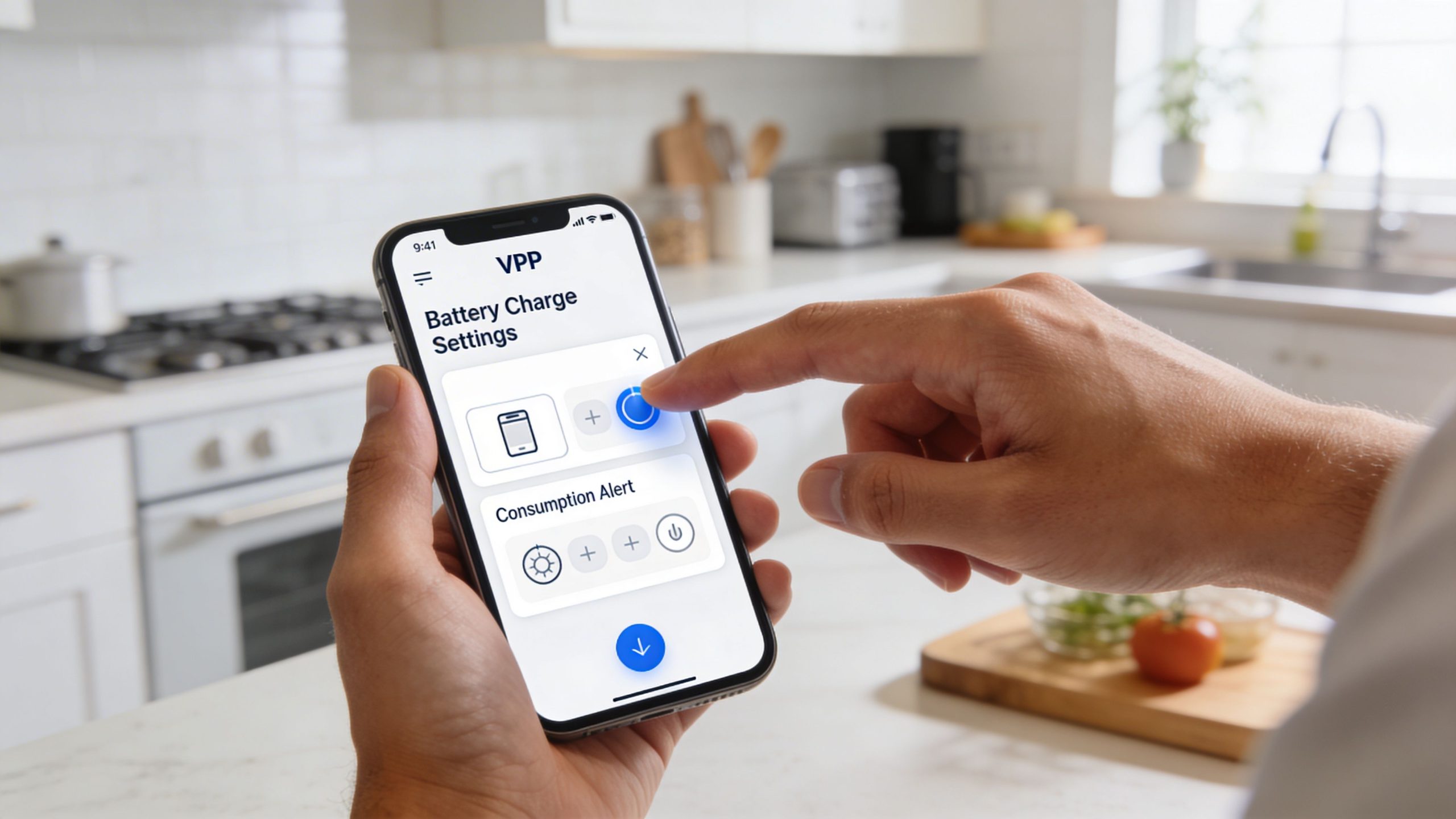 A person using a smart phone app for battery charge settings while standing in a kitchen.