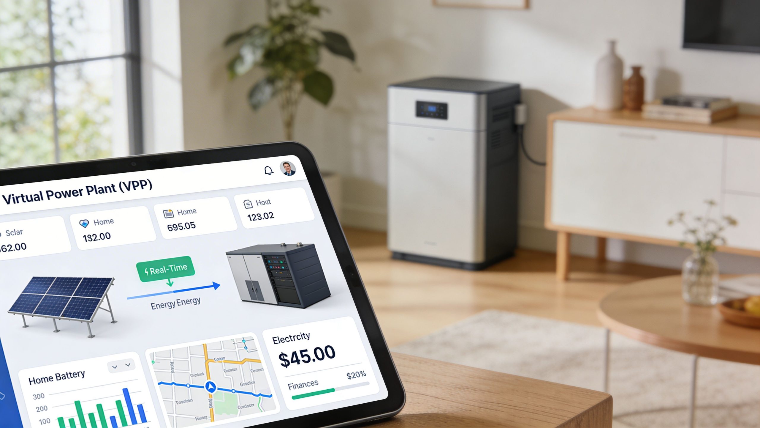 A digital tablet display showing energy monitoring software for a smart home virtual power plant system.