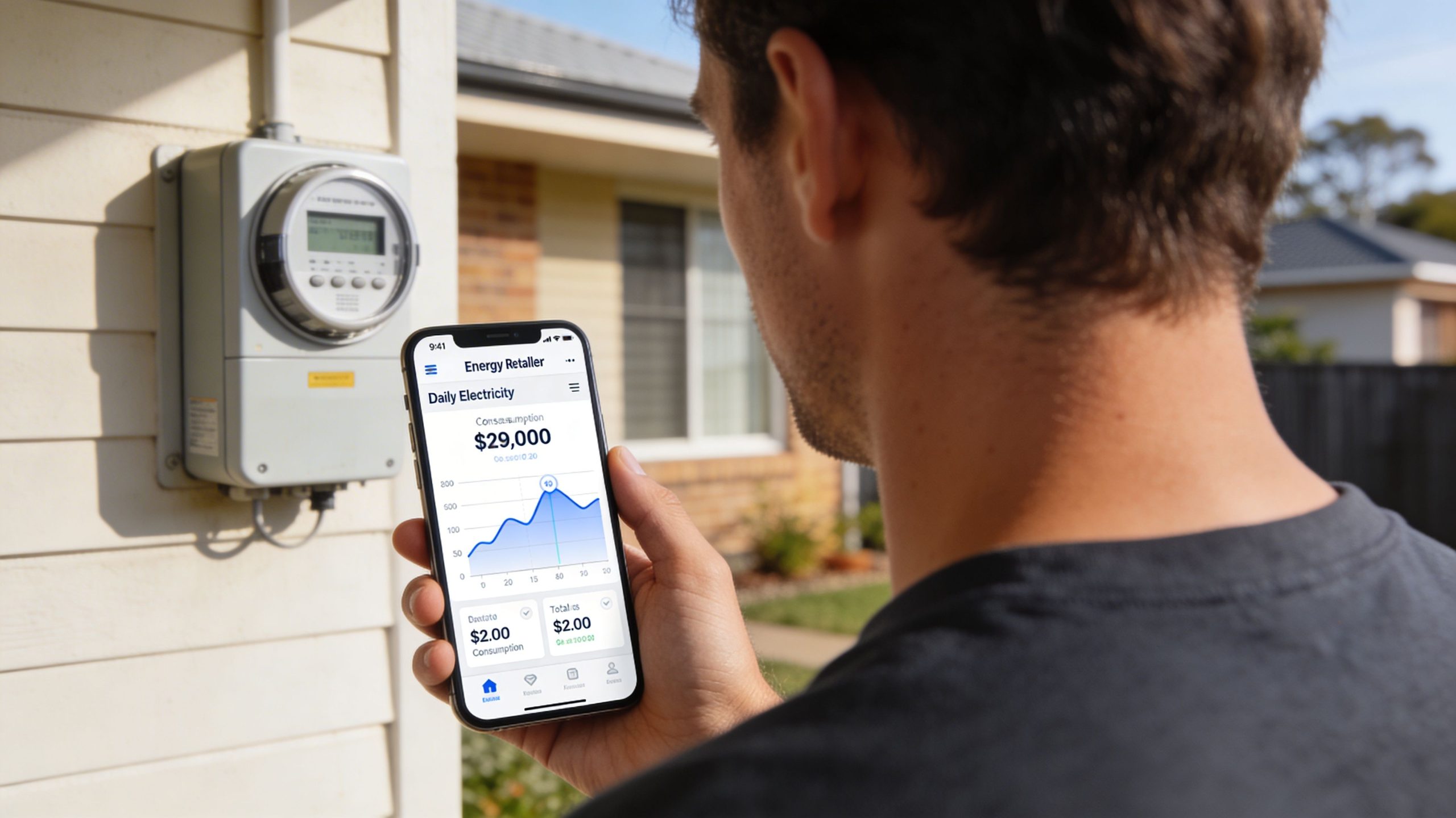 A man holding a smartphone showing an energy consumption tracking app next to a home smart meter.