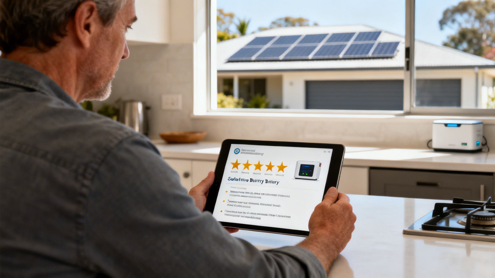 Man reviewing smart home battery on a tablet in a kitchen with solar panels outside.