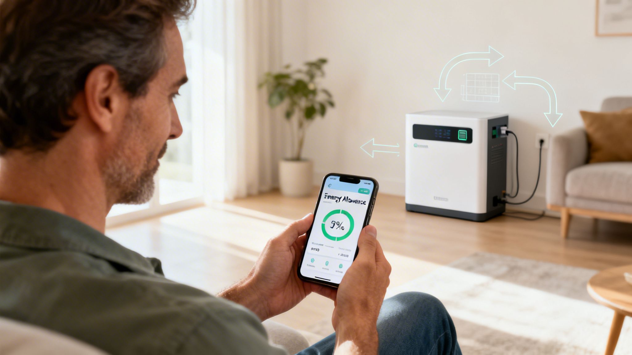 A man monitors his home solar battery system and energy allowance on a smartphone app.