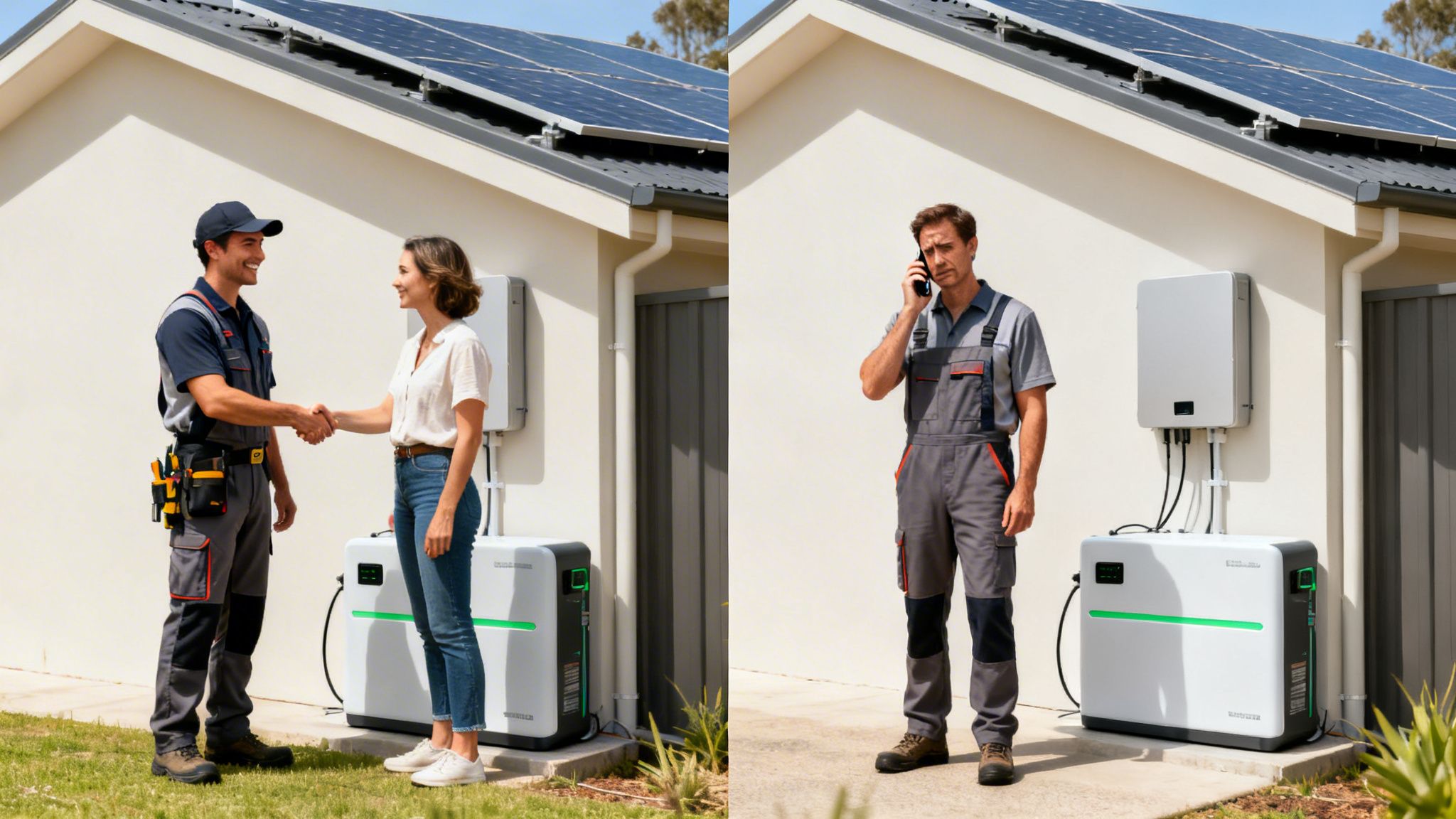 Two scenes showing a solar technician with a homeowner and on a phone, next to a solar battery system.