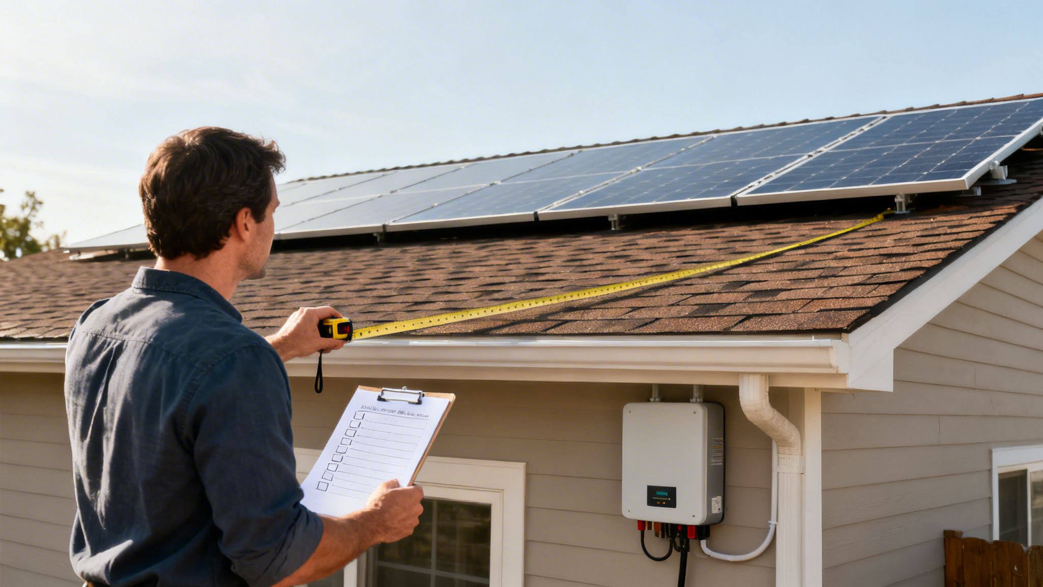 A solar technician measures a house roof with solar panels, holding a clipboard and tape measure.