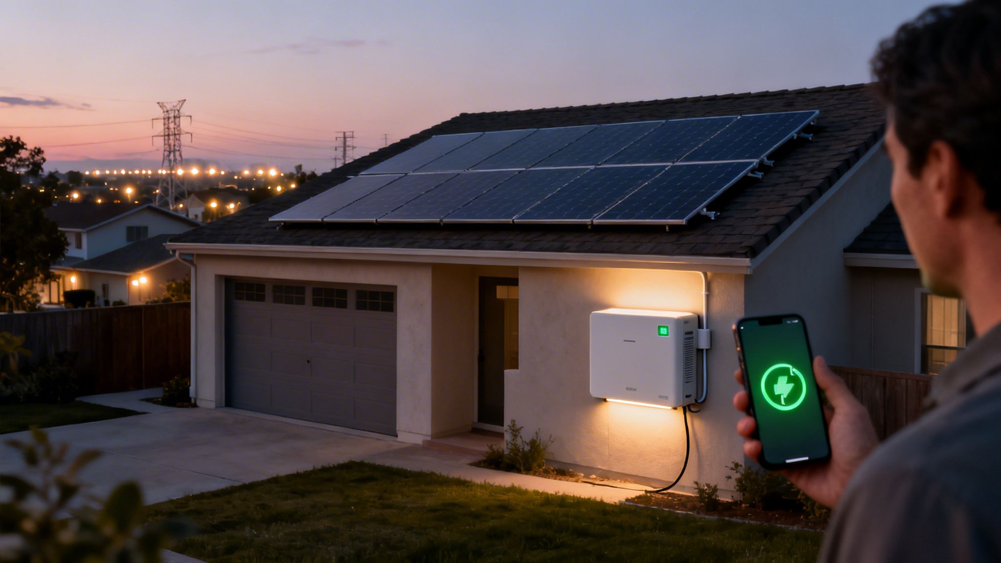 Man checking solar battery system on phone outside modern home at dusk.
