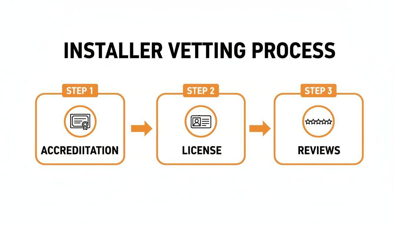 Diagram showing the installer vetting process with three steps: accreditation, license, and reviews.