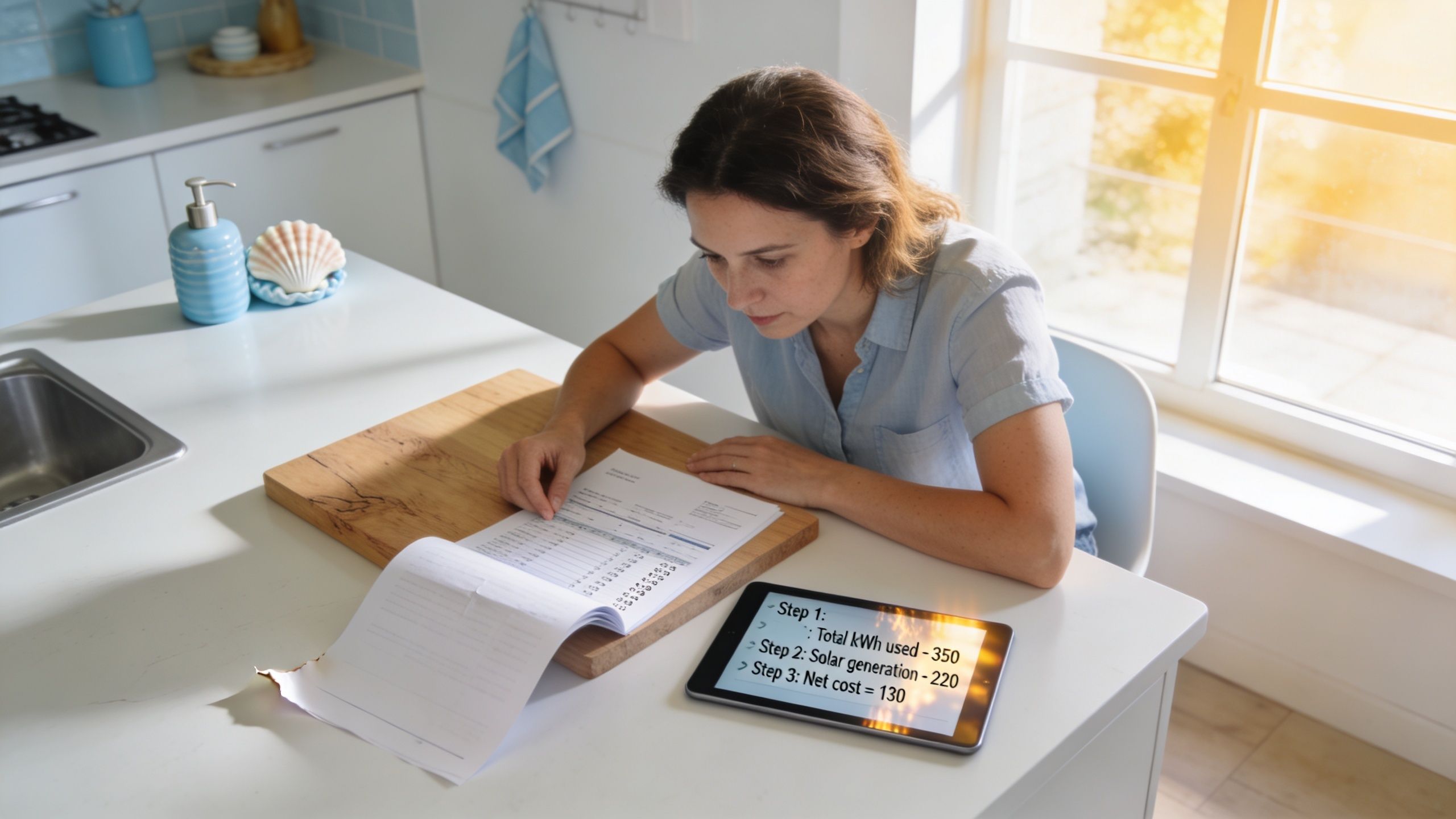 A woman sits at a kitchen counter reviewing energy bills next to a tablet showing solar calculations.