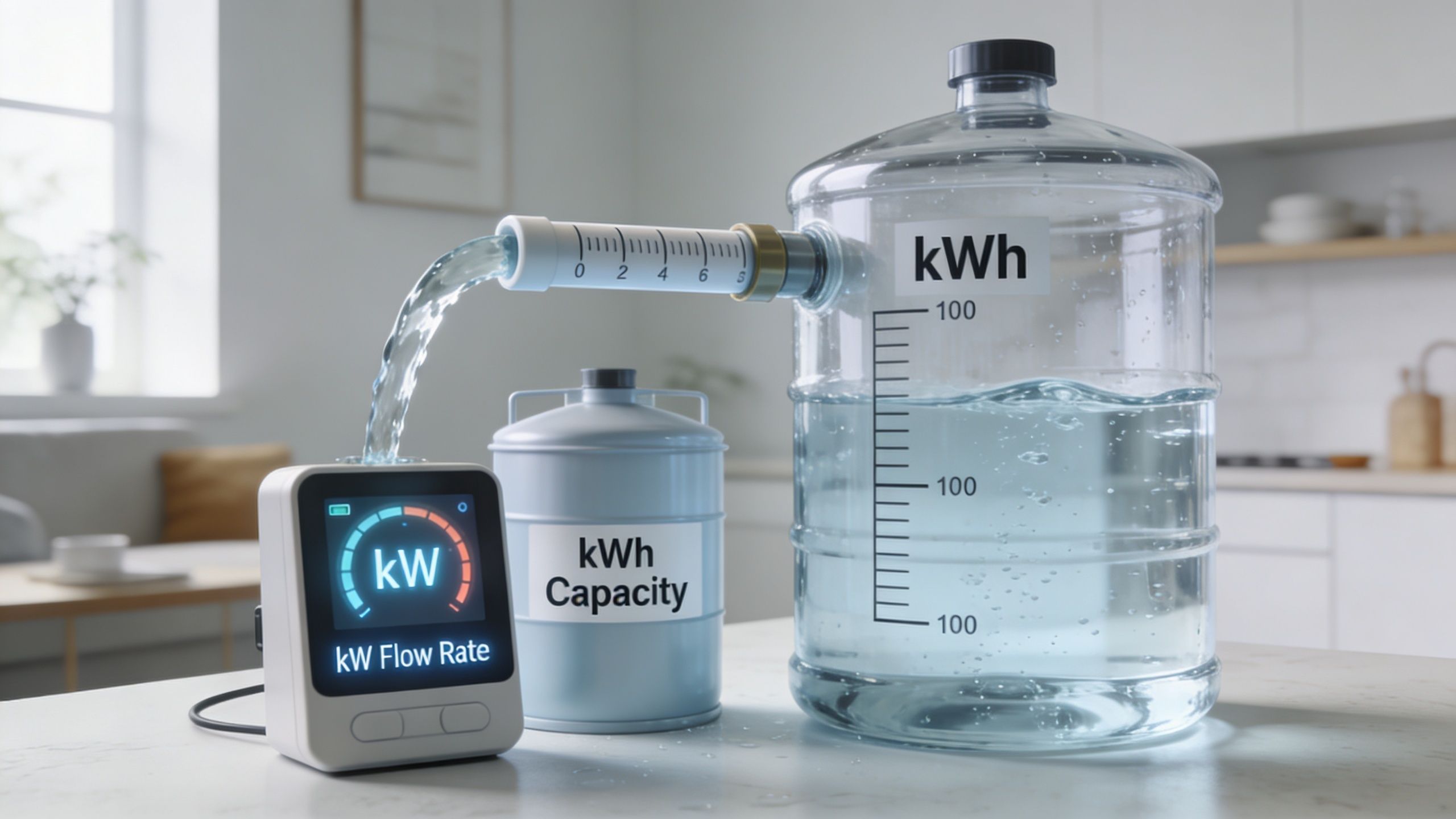 A conceptual diagram showing water representing energy flow between a large capacity container and a flow meter.