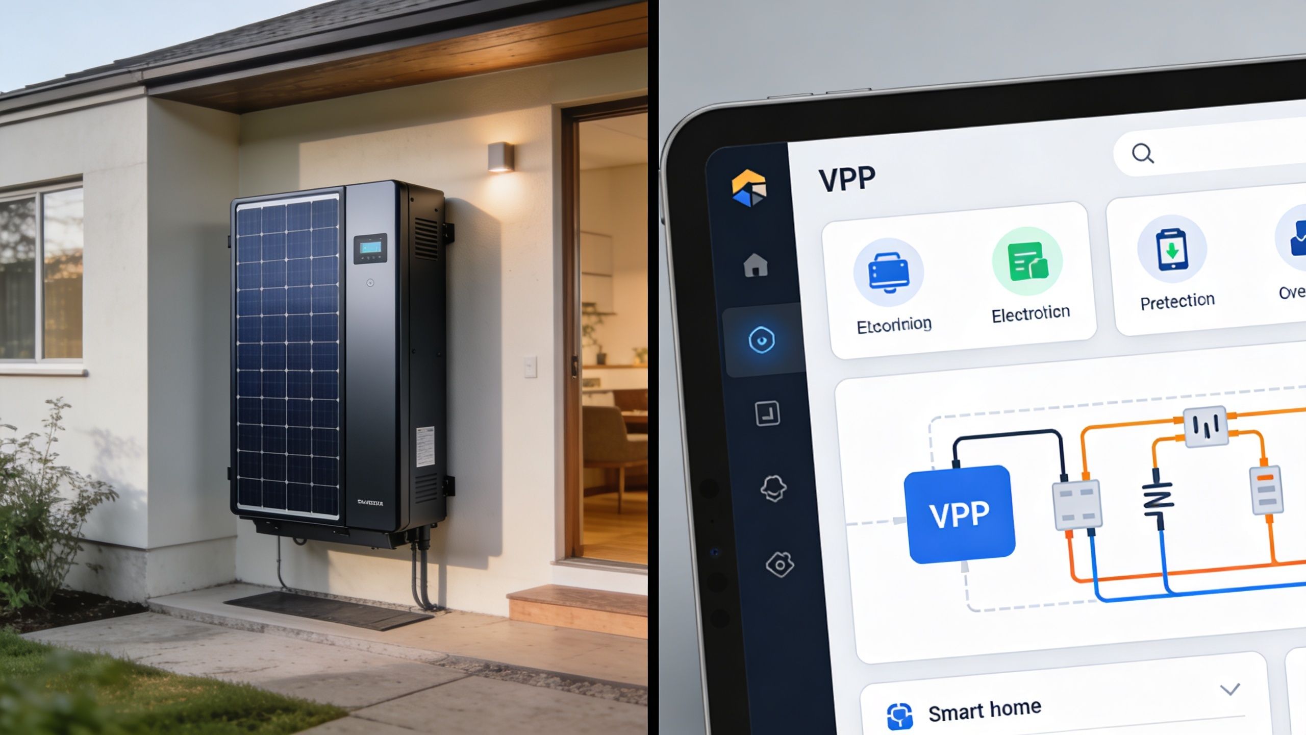 A modern solar home battery mounted on a house exterior next to a tablet showing energy software.